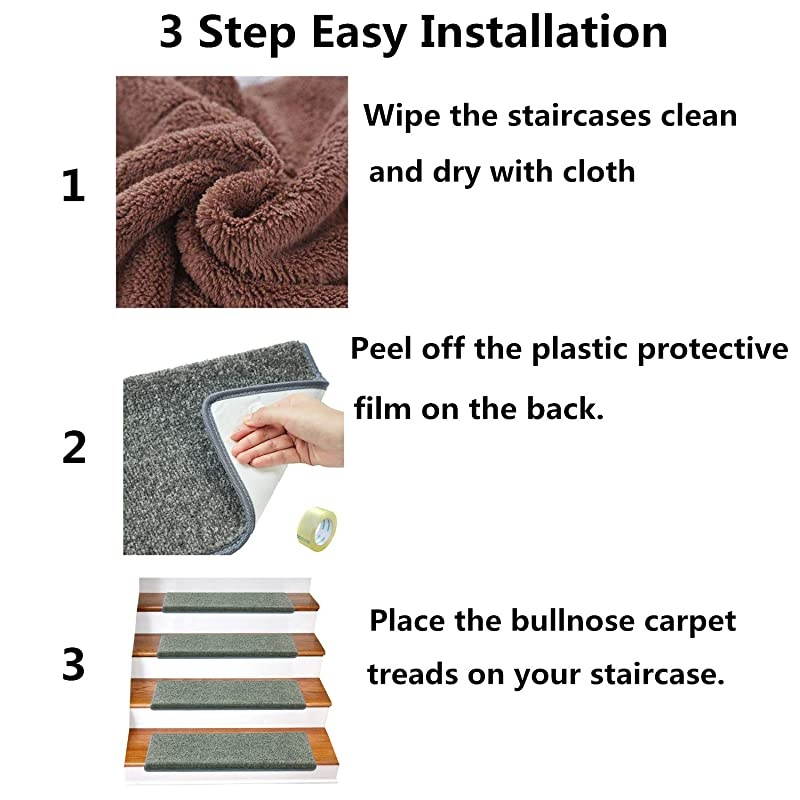Stair Treads &ndash; Non-Slip Bullnose for Stairs &ndash; Indoor Stair Pads &ndash; Self-Adhesive & Easy Installation &ndash; Pet & Child Friendly &ndash; Skid Resistant & Washable &ndash; 14- Pack Grey 10" x 30"x 1.3&rdquo;