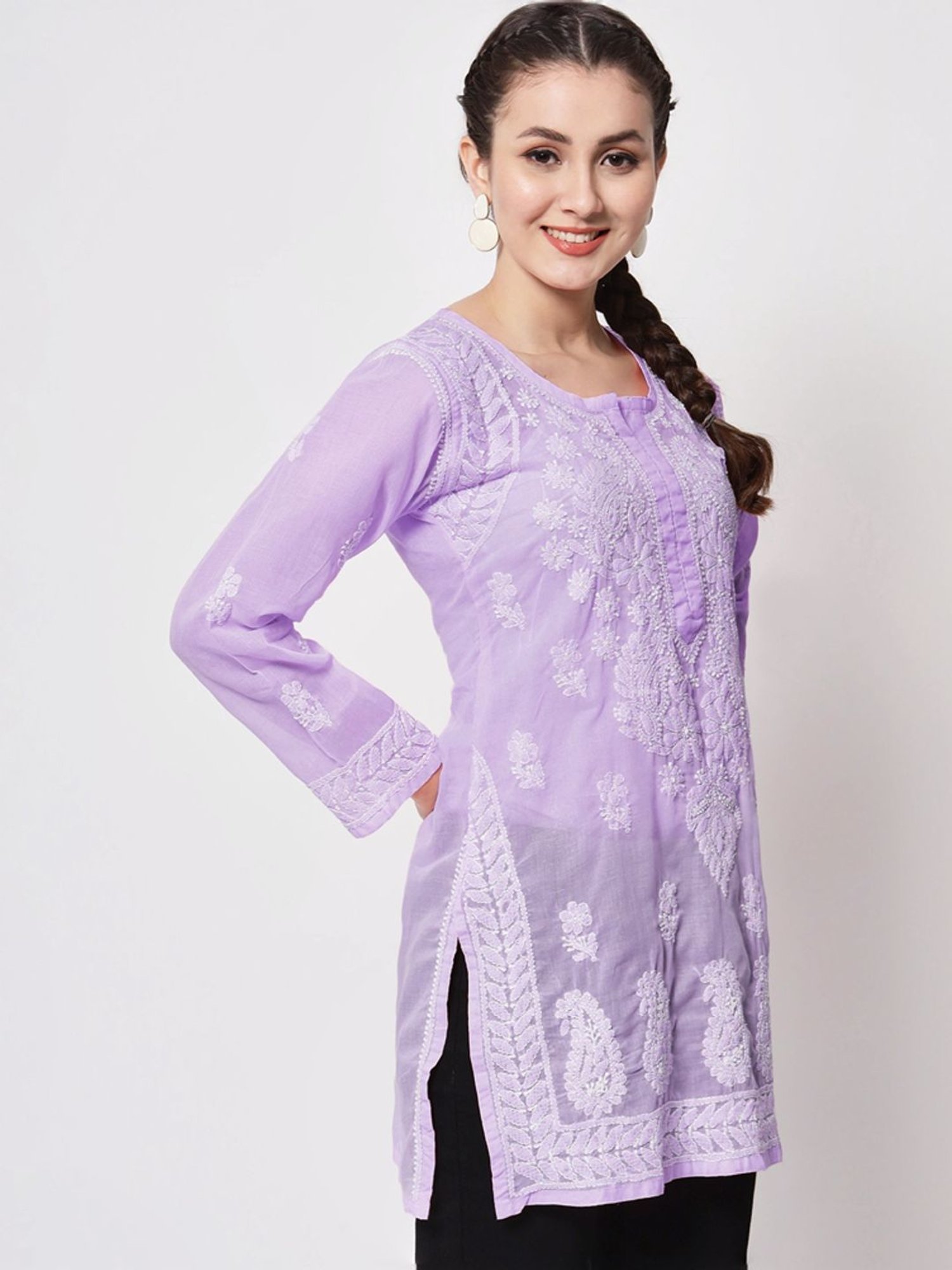 PARAMOUNT CHIKAN Violet Cotton Hand Embroidered Chikankari Straight Kurti