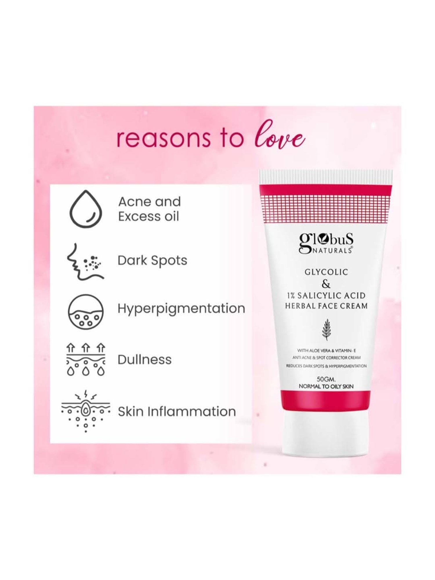 Globus Naturals Glycolic & 1% Salicylic Acid Herbal Anti Acne Face Cream - 50 gm