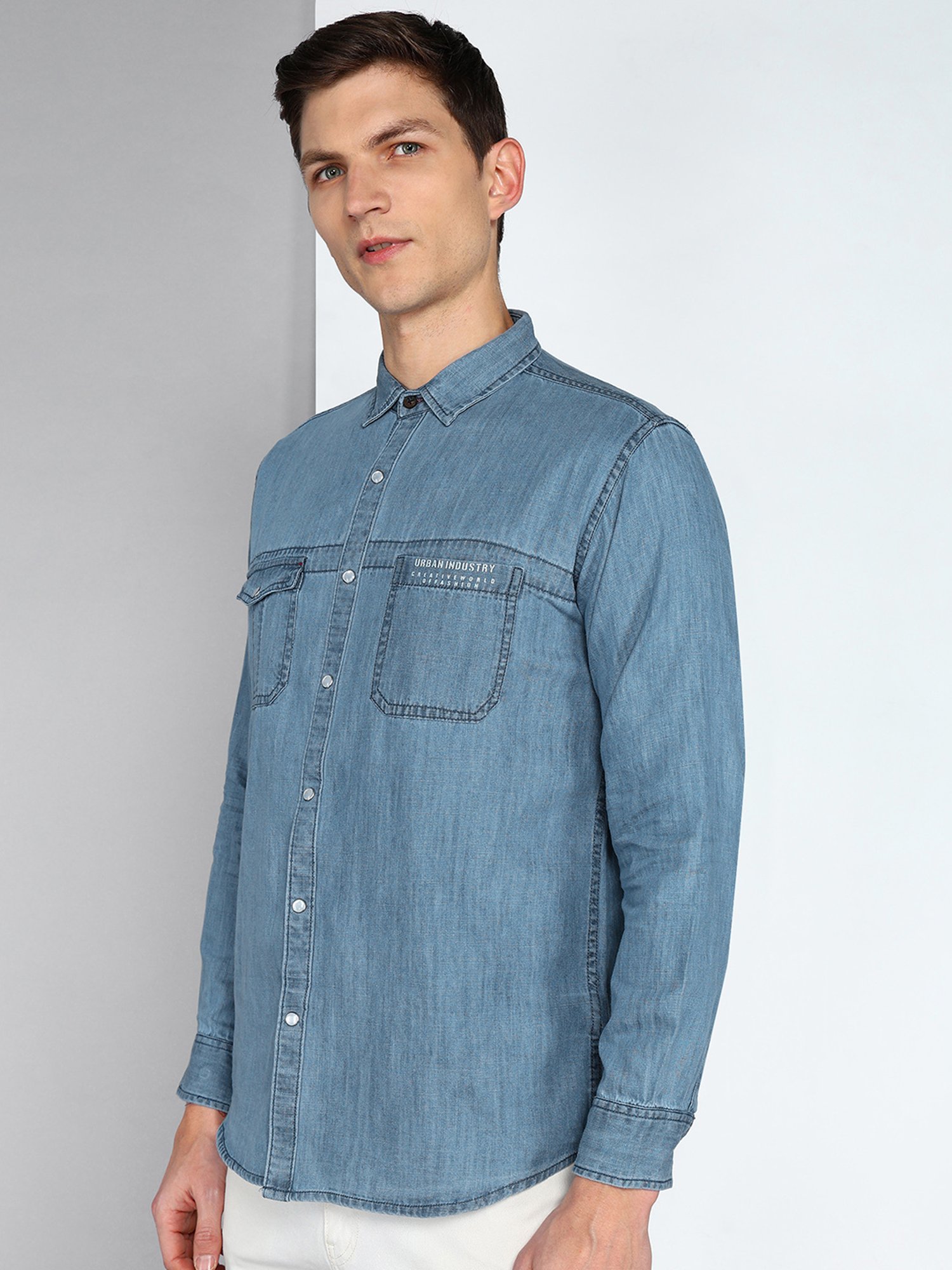 Kuons Avenue Ice Blue Slim Fit Denim Shirt