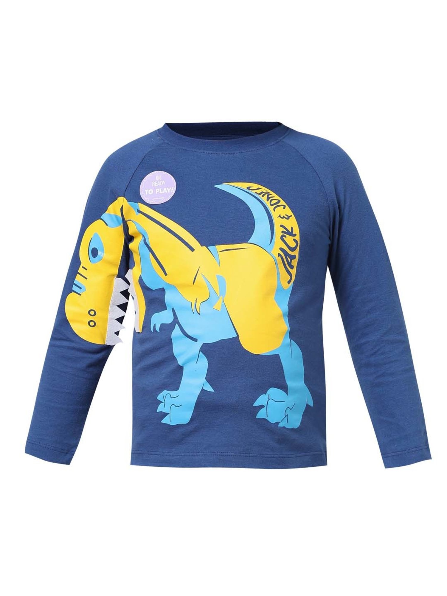 Jack & Jones Junior Blue & Yellow Cotton Printed Full Sleeves T-Shirt