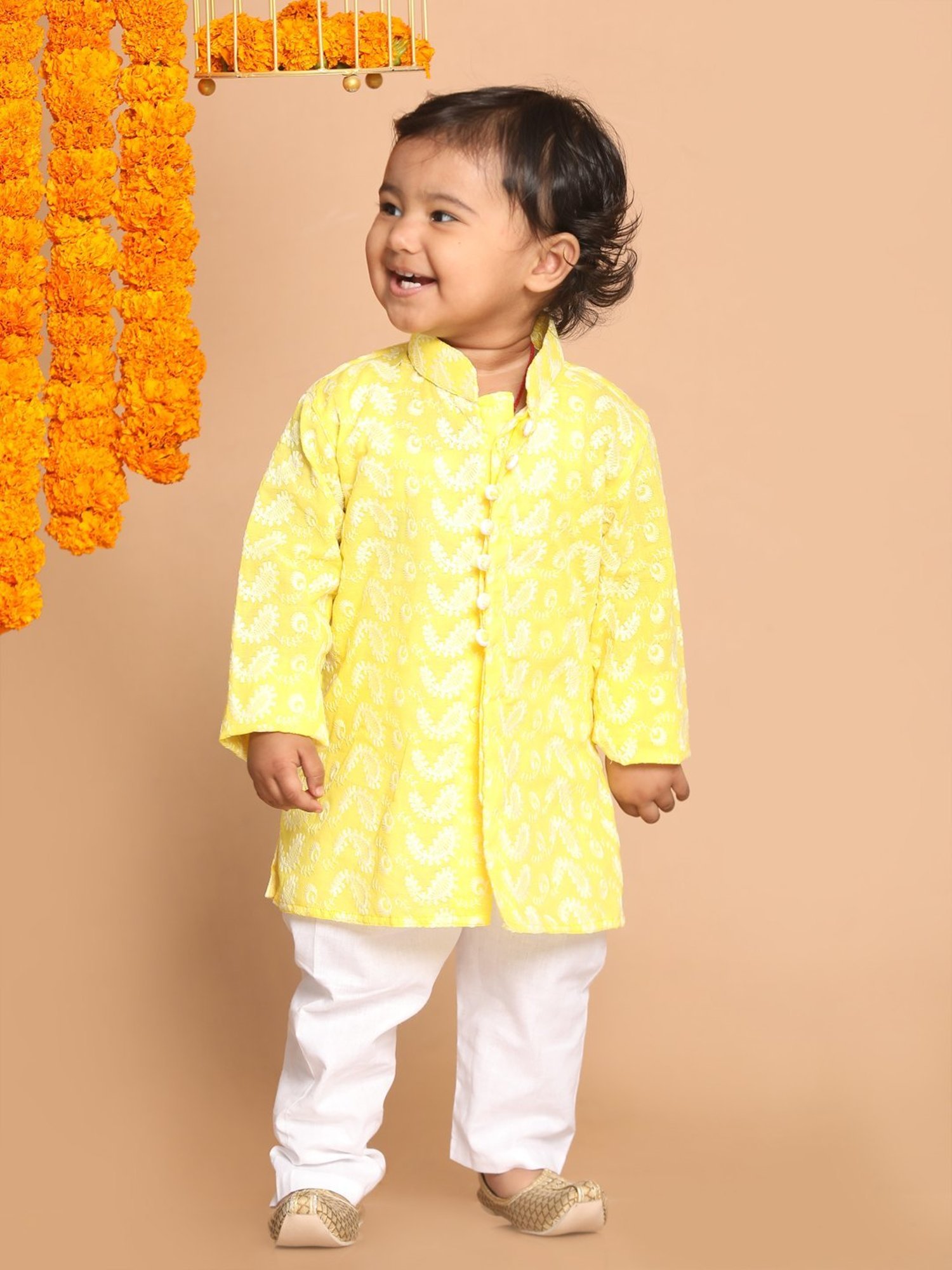 VASTRAMAY SISHU Mustard & White Cotton Embroidered Kurta Set