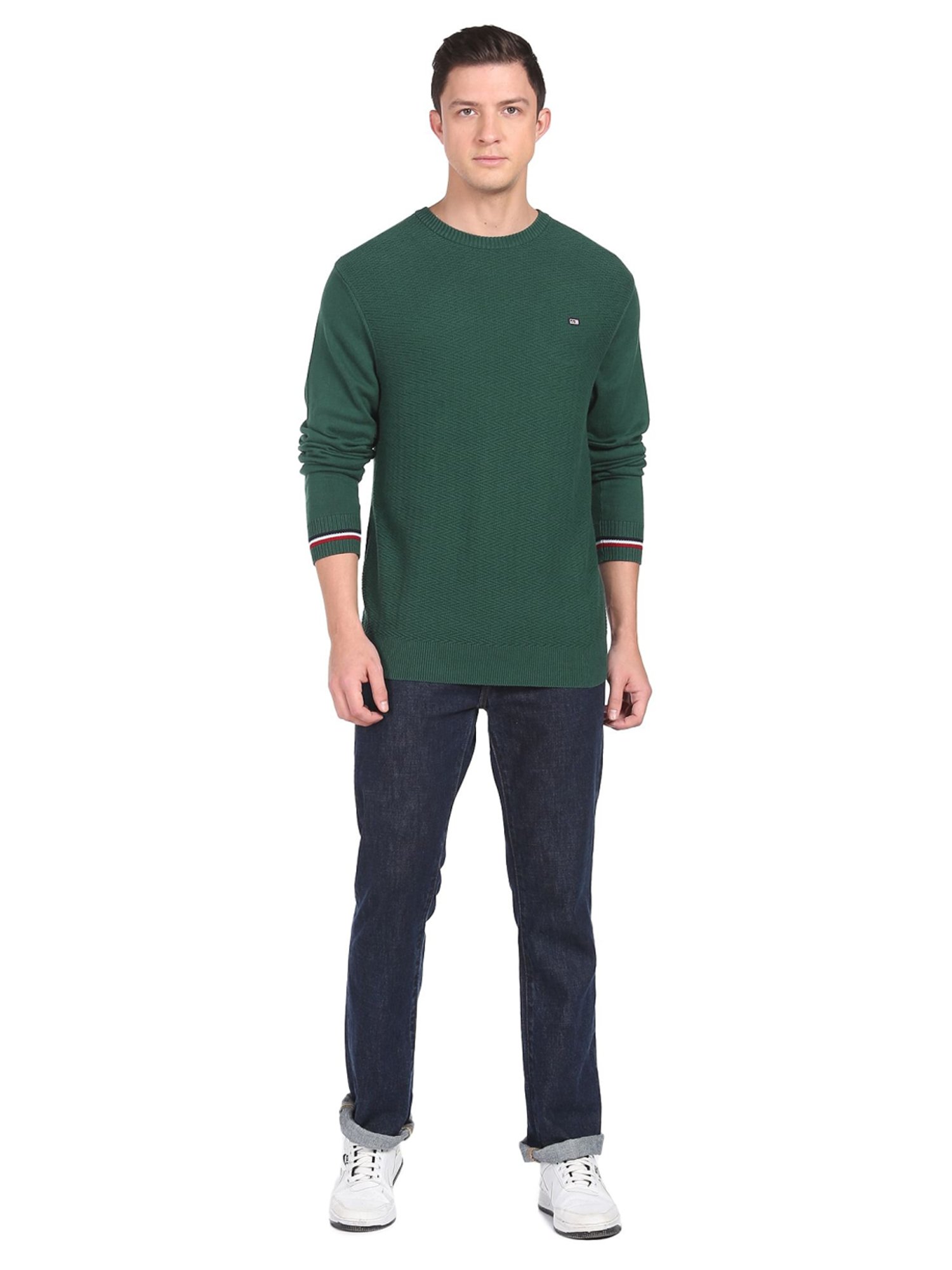 Arrow Sport Dark Green Cotton Regular Fit Self Pattern Sweaters