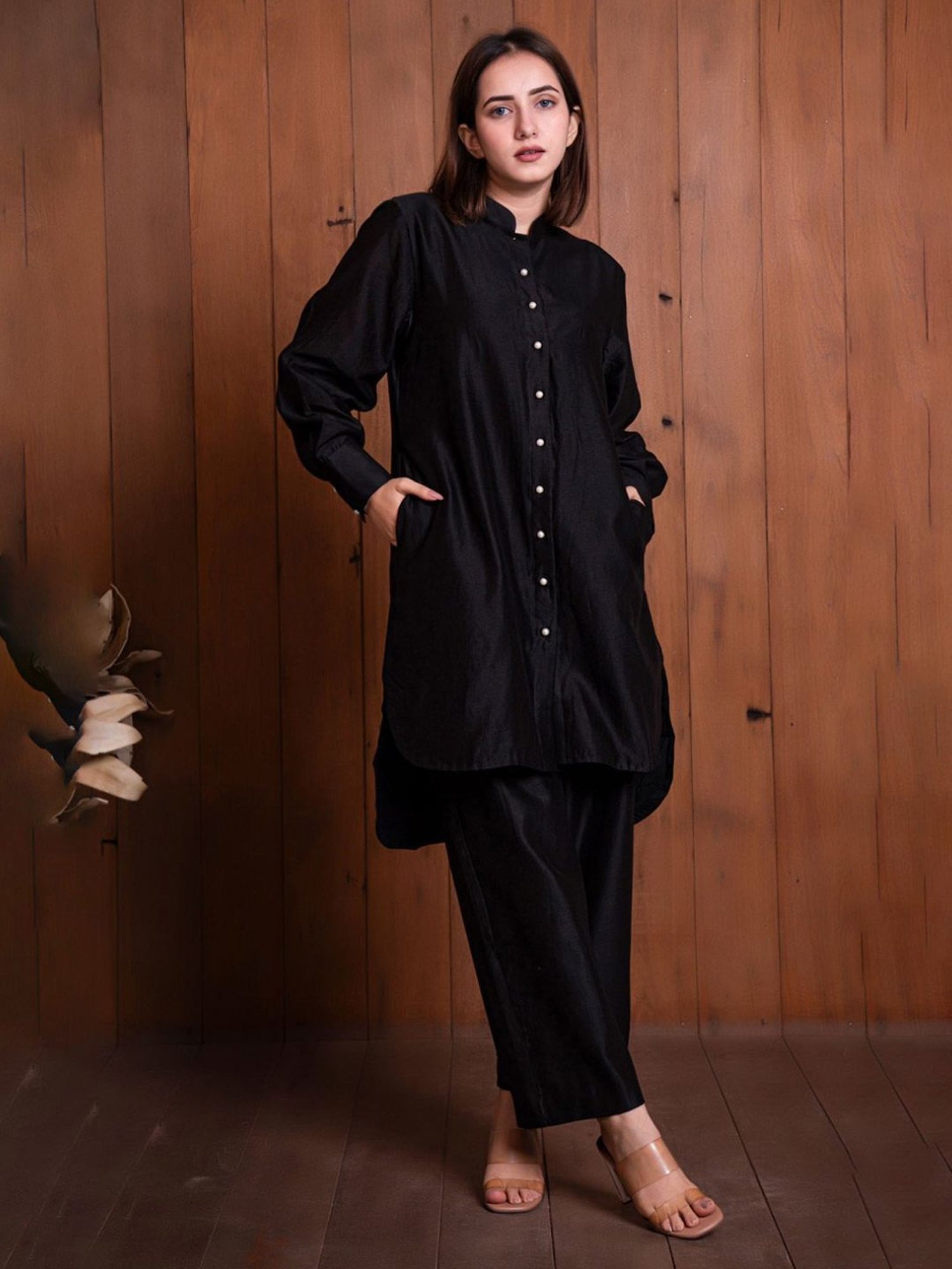Eeshva India Black Solid Chanderi Kurta with Pant