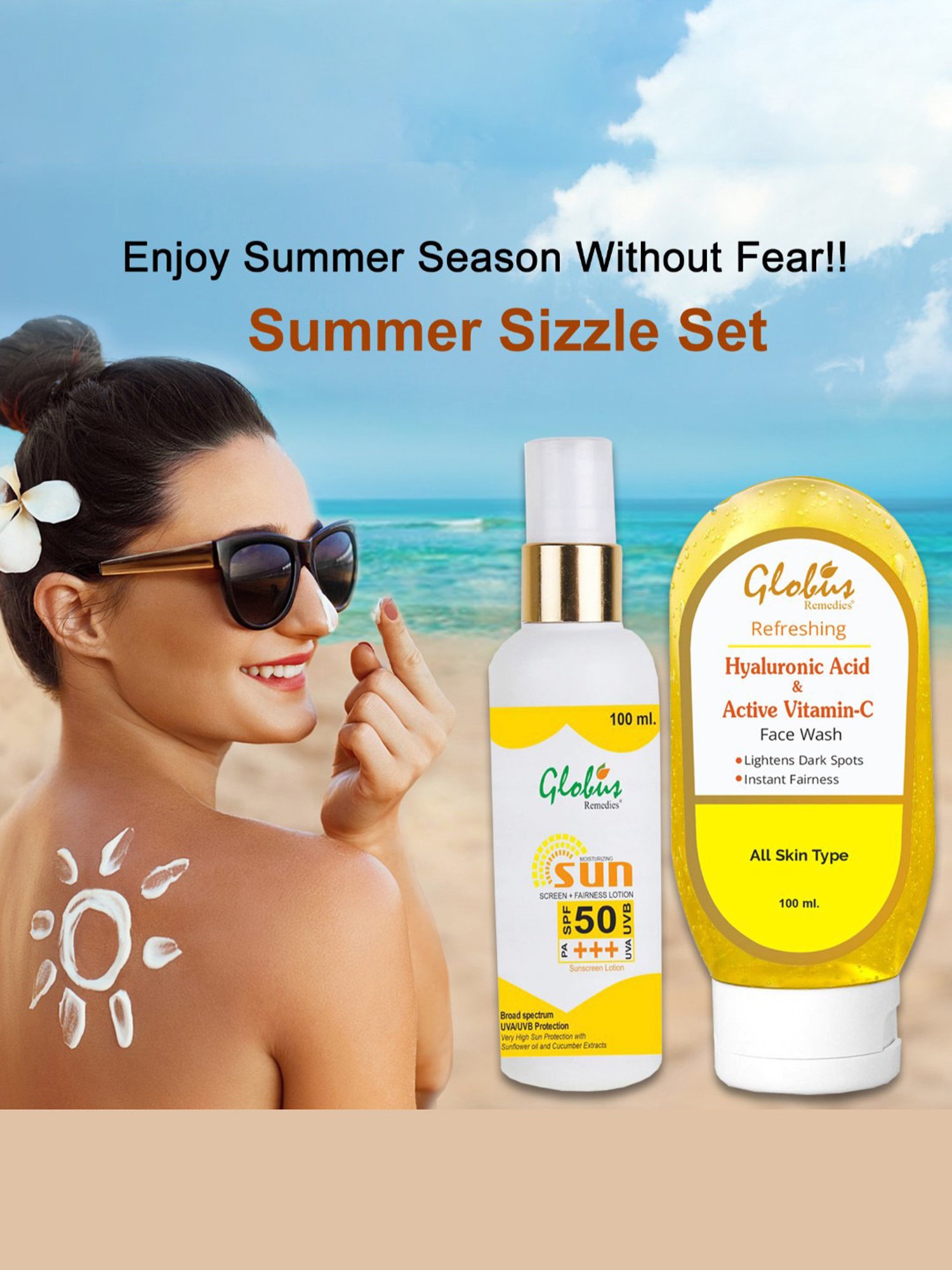 Globus Remedies Sunscreen Fairness Lotion SPF 50+++ & Vitamin C & Hyaluronic Acid Face Wash Combo