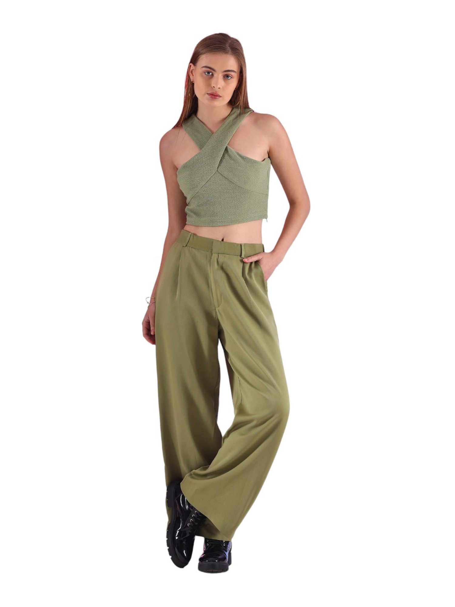 FITHUB Green Regular Fit High Rise Trousers