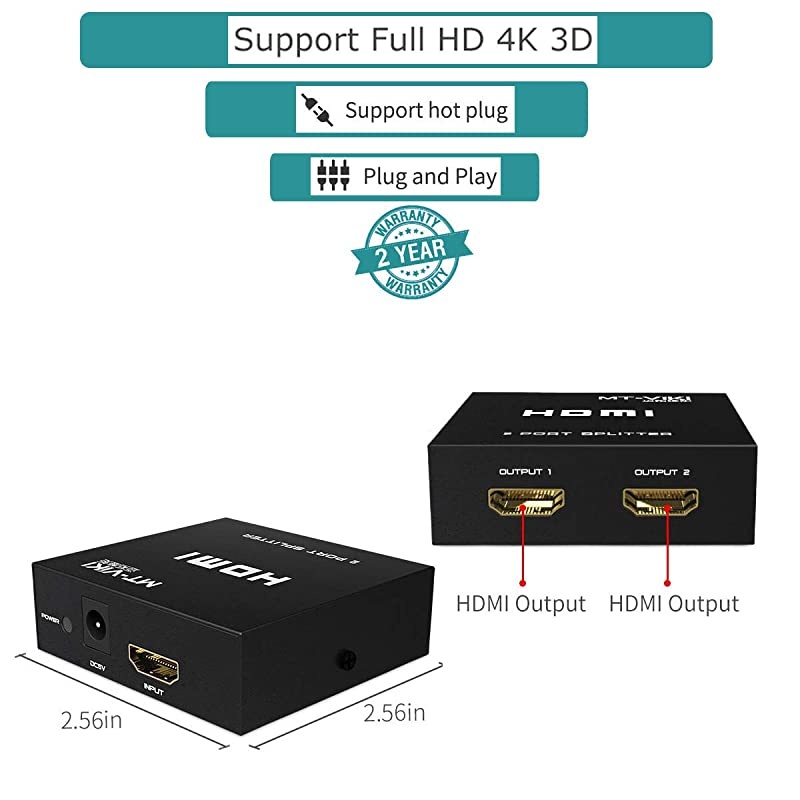 HDMI Splitter 1 in 2 Out, 4K 1X2 HDMI Splitter for Dual Monitors Duplicate/Mirror Only, Supports 3D 4K@30Hz for PS4/Xbox/Fire Stick/Blu-Ray