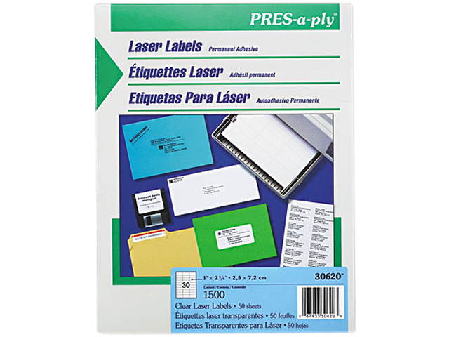Avery 30620 Pres-A-Ply Laser Address Labels, 1 x 2-5/6, Clear, 1500/Box