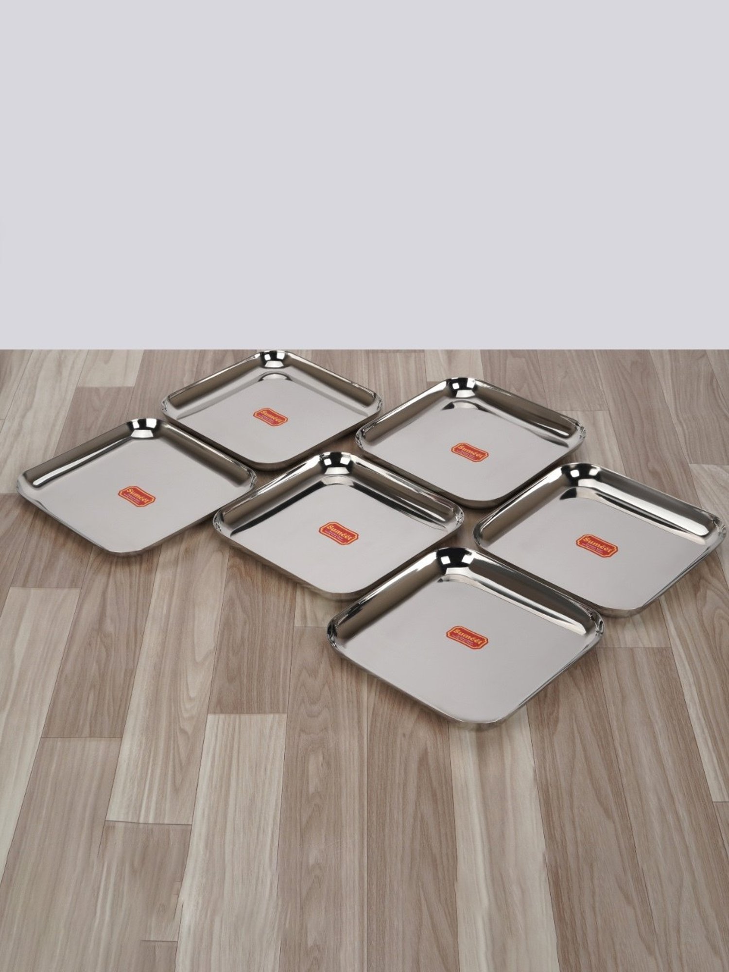 Sumeet S.S. Big Square Shape Plate/Dinner Plate/Lunch-Meal Plate Set of 6pcs, 25cm dia, Silver