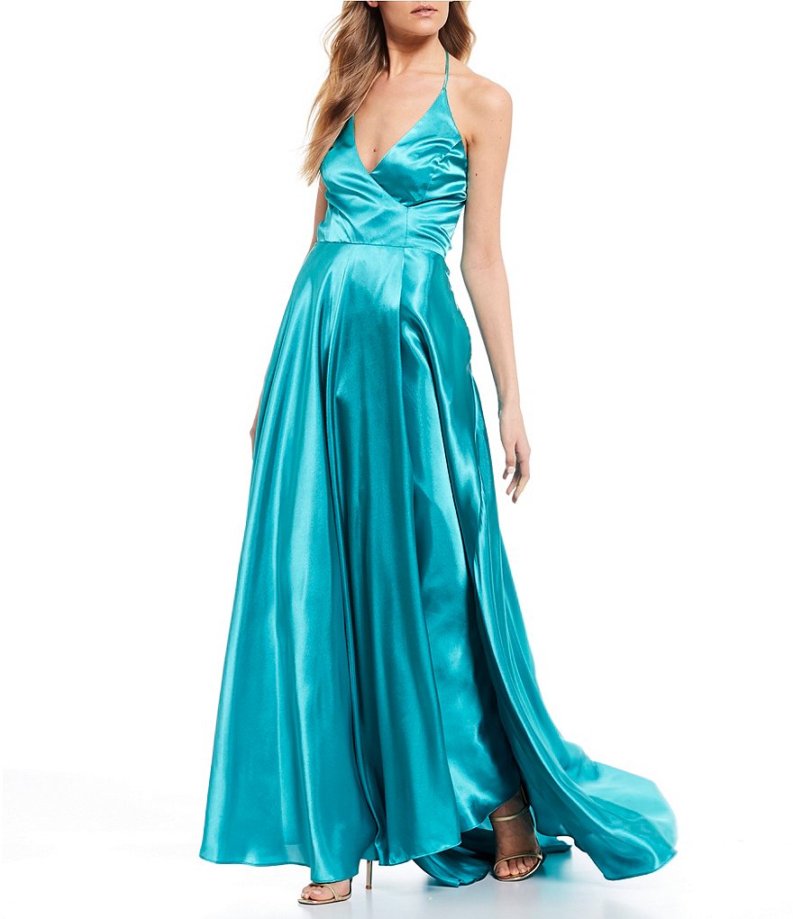 Blondie Nites Halter-Neck Side Slit Charmeuse Long Dress