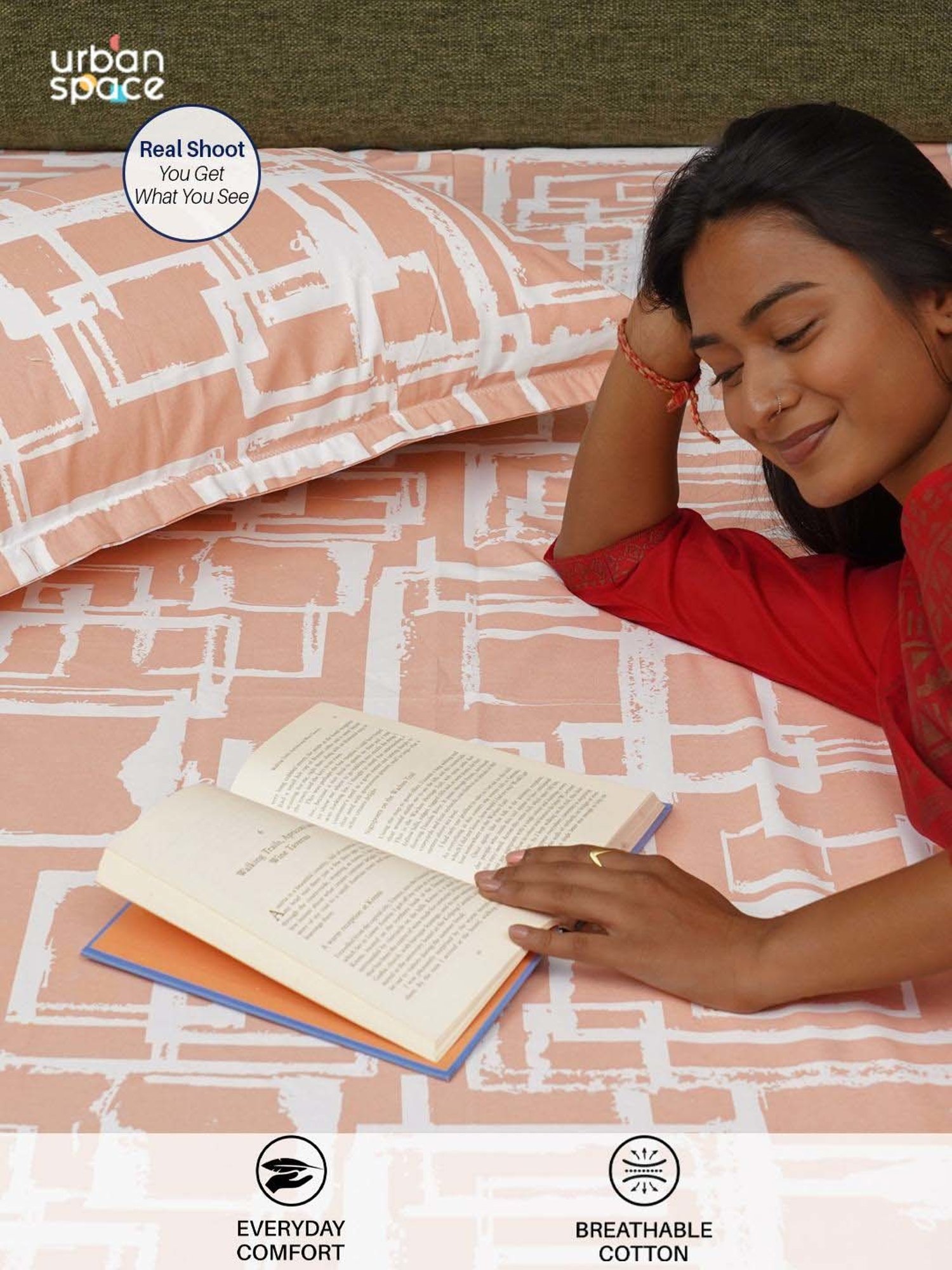 Urban Space Serene Peach Cotton 200 TC Queen Size Bedsheet With Pillow Covers