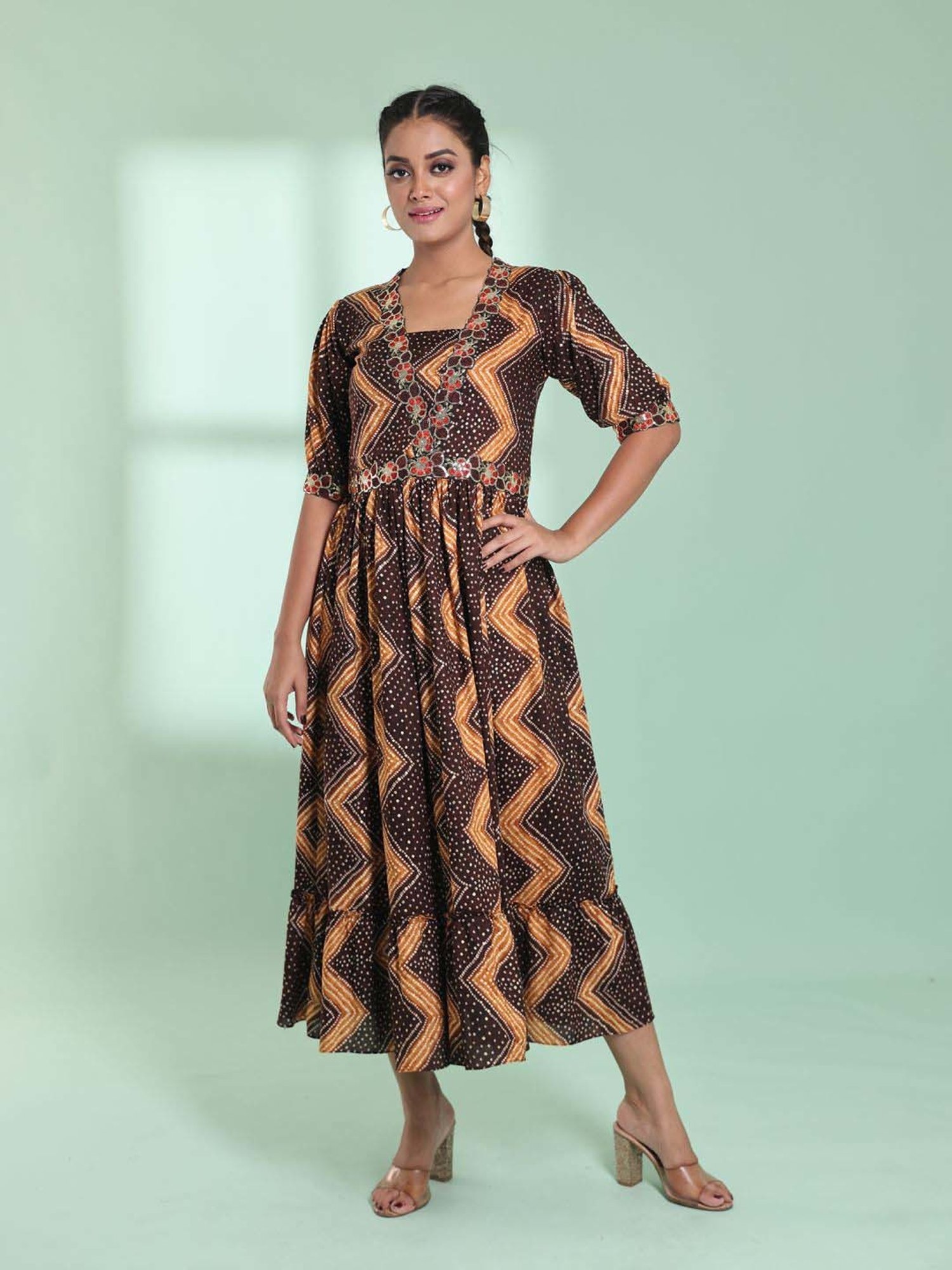 CHARUKRITI Brown Printed Maxi Dress