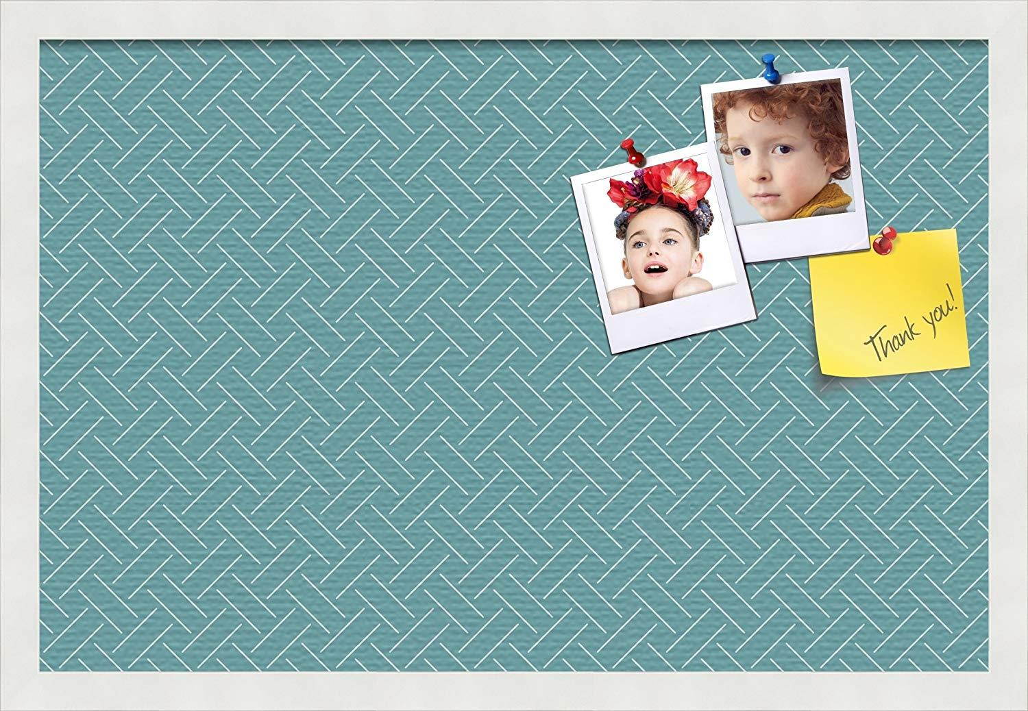 PinPix custom printed pin cork bulletin board made from canvas, Lattice Aqua 24x16 Inches (Completed Size) and framed in Satin White Frame (PinPix-Group-91)