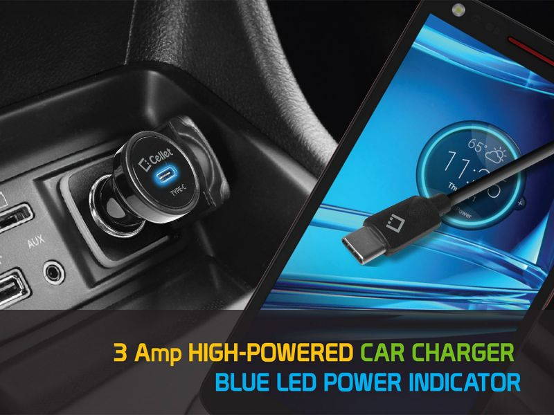 Cellet Made High Powered 3 Amp (15 Watt) USB-C (Type-C) Car Charger for Apple iPad Pro 11-inch, Pro 12.9-inch &ndash; Black (Cable is not Included)