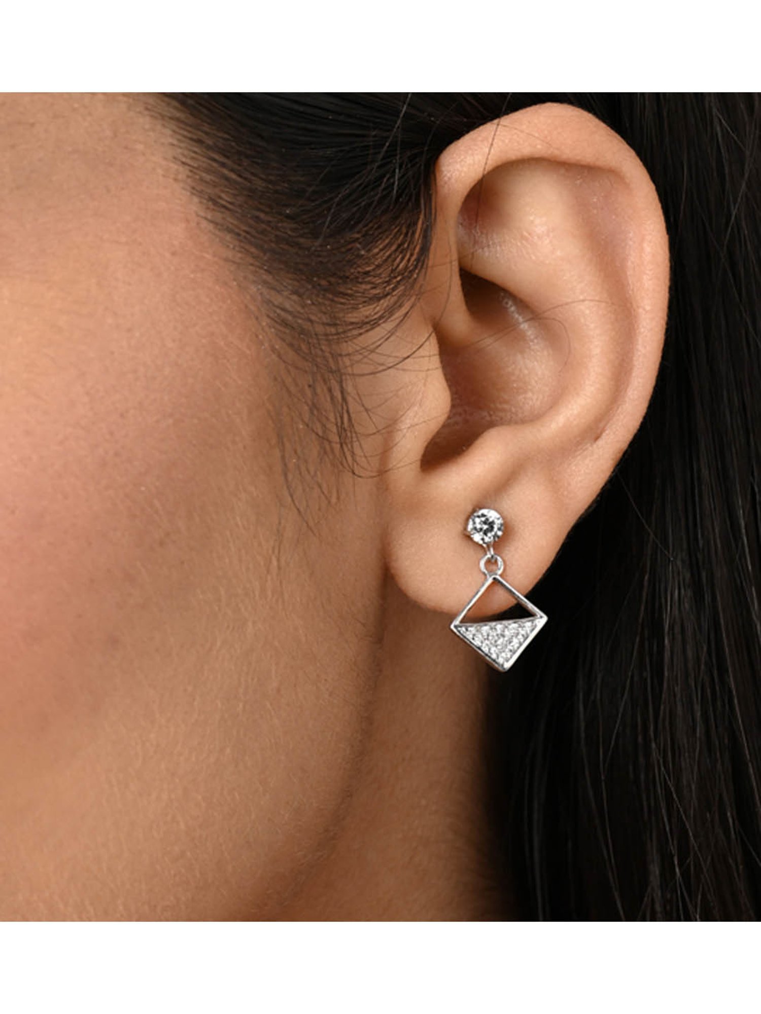 Clara 925 Silver Platinum Plated Swiss Zirconia Zeta Square Earrings Elegant Gift for Women