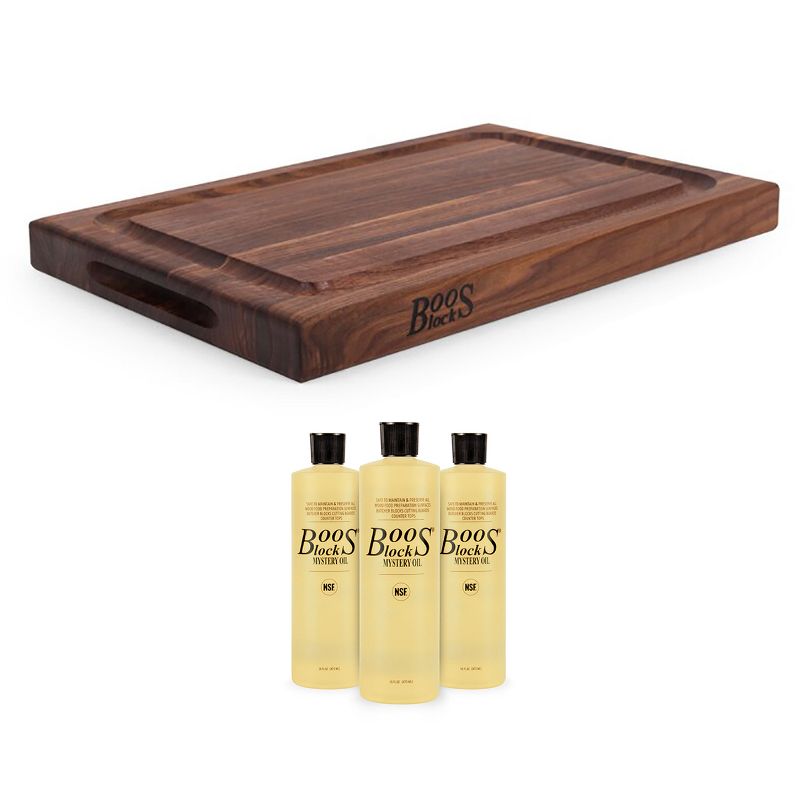 John Boos Reversible BBQ Barbecue Carving 12 x 18 x 1.5 inches Cutting Board with Deep Juice Groove and 3 Piece Maintenance Oil Set