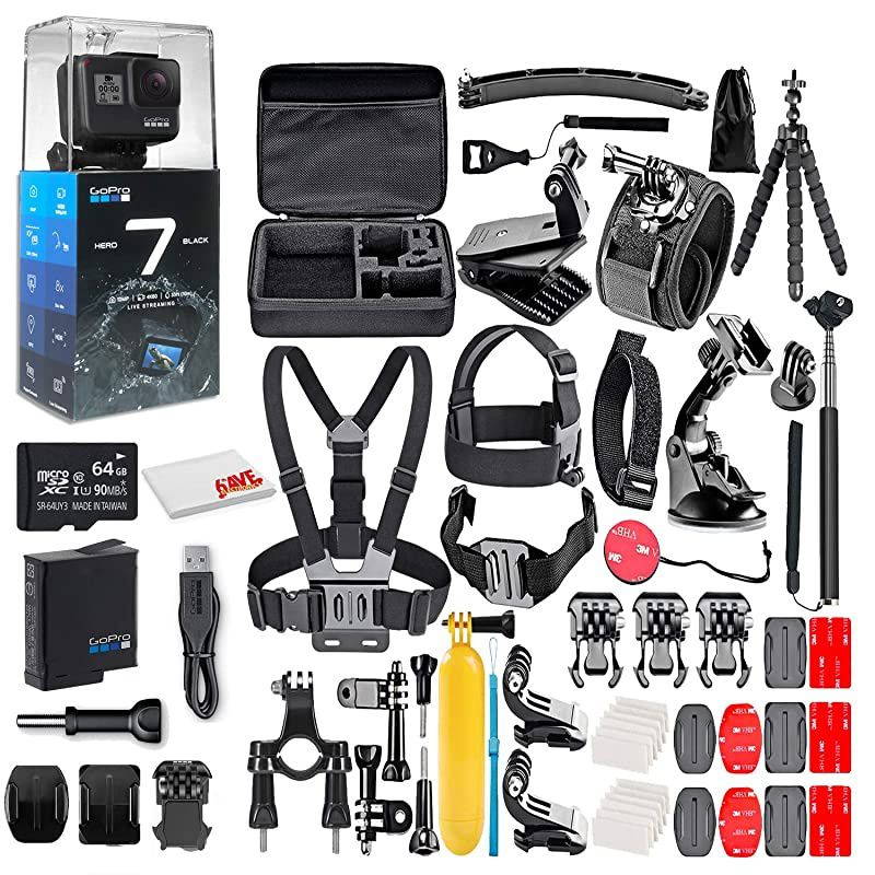 HERO7 Black - Waterproof Action Camera with Touch Screen, 4K HD Video, 12MP, Live Streaming and Stabilization - with 64GB Card and 50 Piece Accessory Kit - Ecommerce Packaging - Loaded Bundle