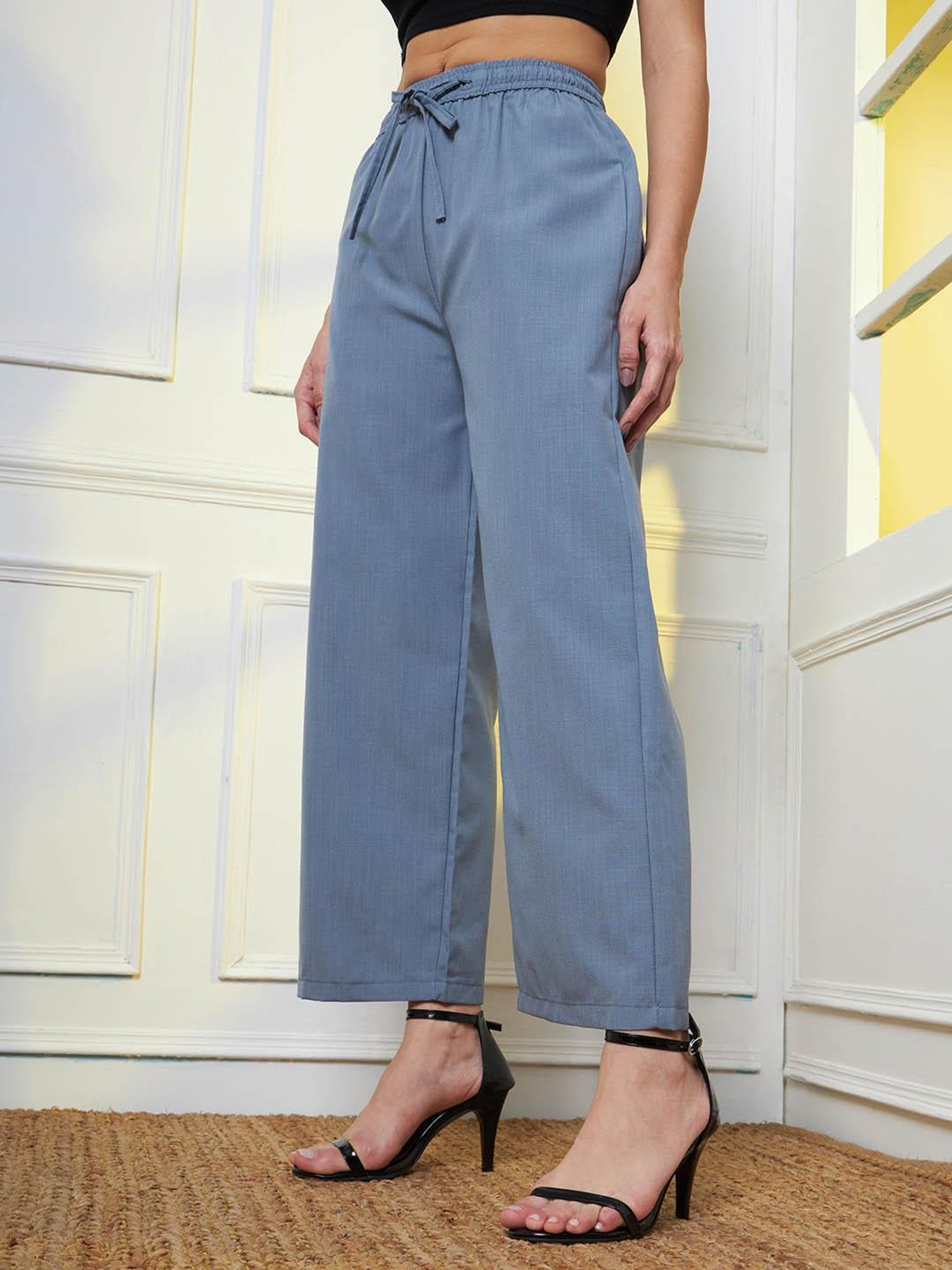 FITHUB Blue Straight Fit High Rise Trousers