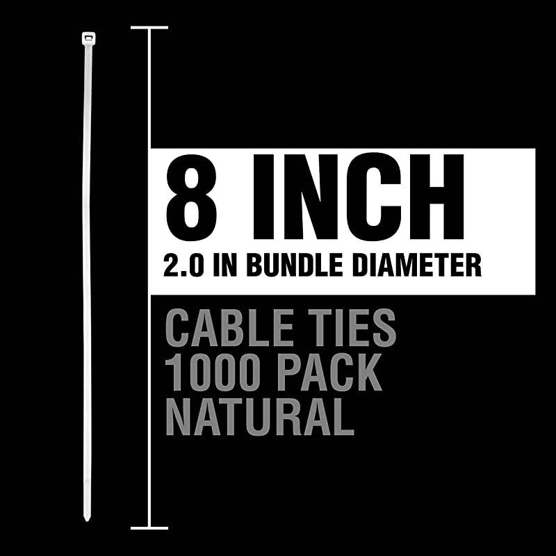 ZipIts Cable Ties 8 Inch 75 Lb Standard Duty Zip Ties 1000 Pieces Natural UL Listed Contractor Quality Industrial Strength