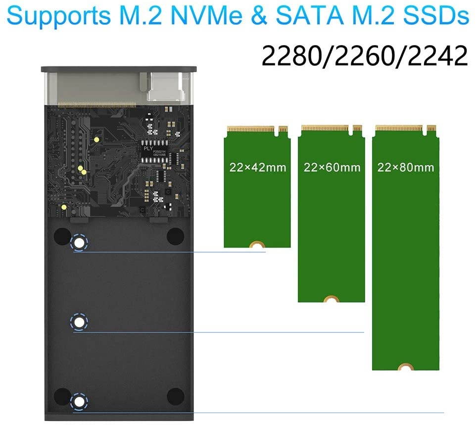 M.2 NVME NGFF SSD Enclosure Adapter Tool-Free RTL9210B Chips USB C 3.1 Gen 2 10Gbps NVME 6Gbps SATA PCIe M-Key(B+M Key) External Solid State Drive Support UASP Trim for SSD Size 2242/2260/2280