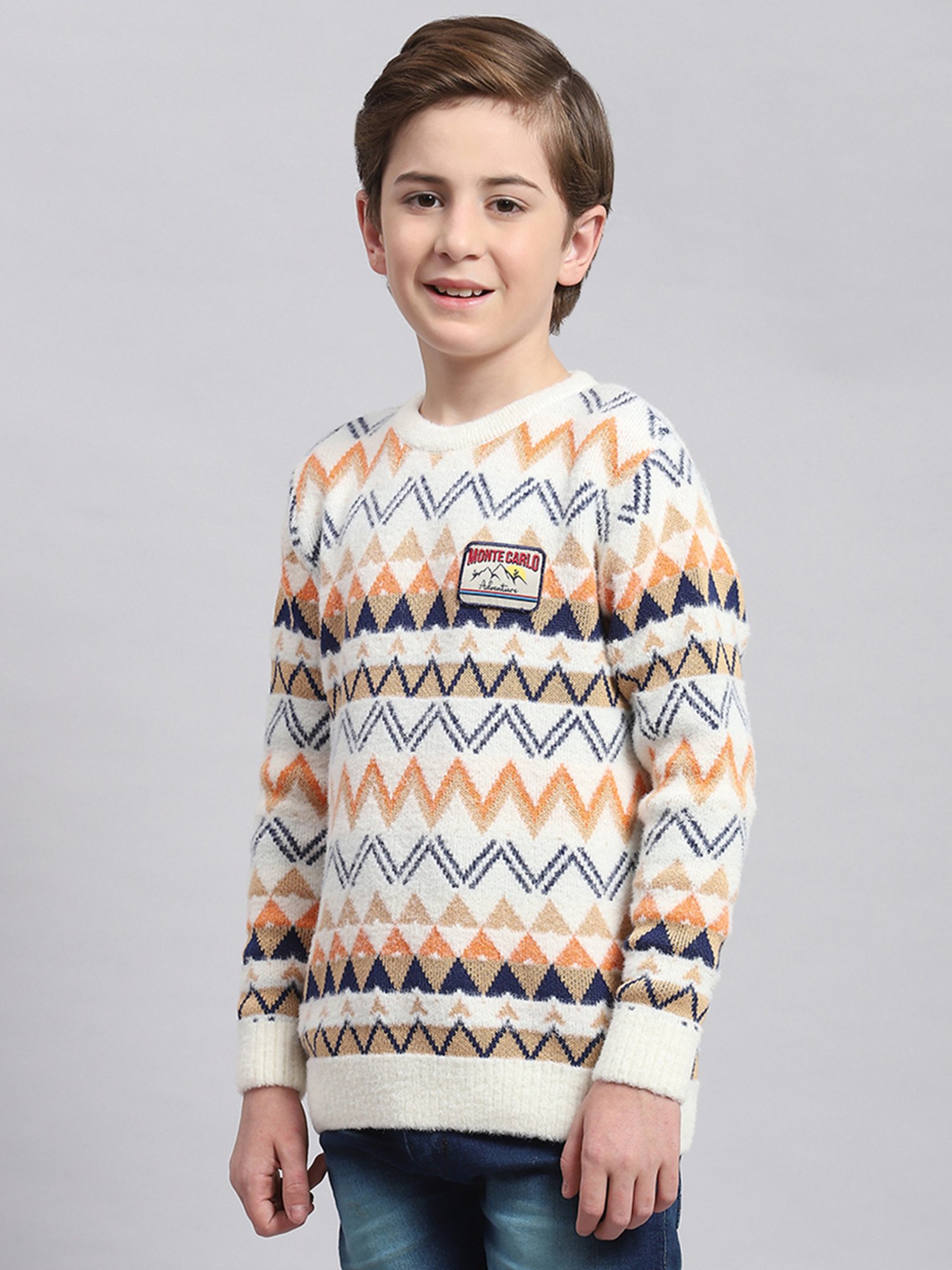 Monte Carlo Kids Off White Self Design Full Sleeves Sweater
