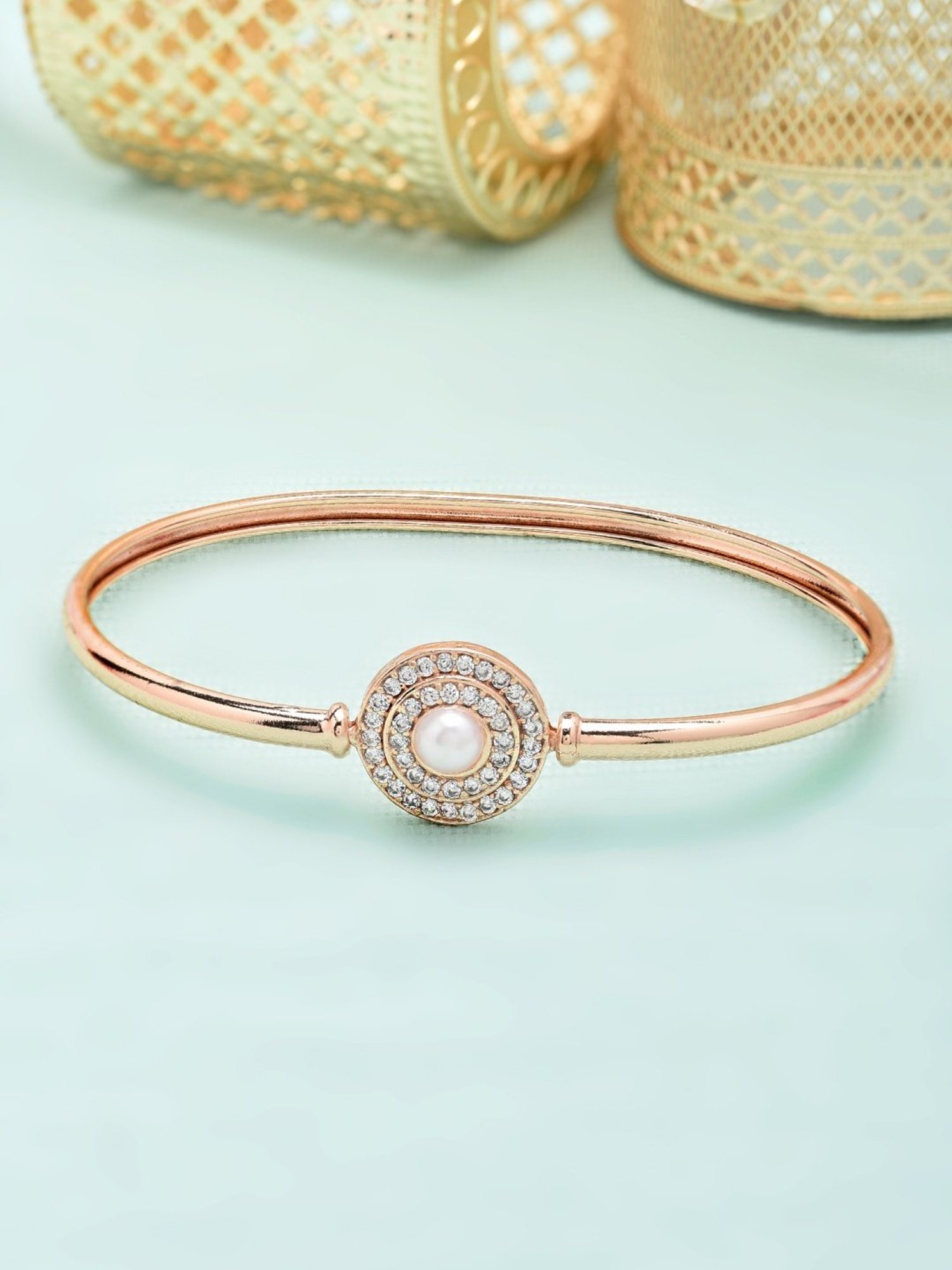 Zaveri Pearls Splendid Rose Gold Tone Cubic Zirconia & Pearl Kada-ZPFK9478