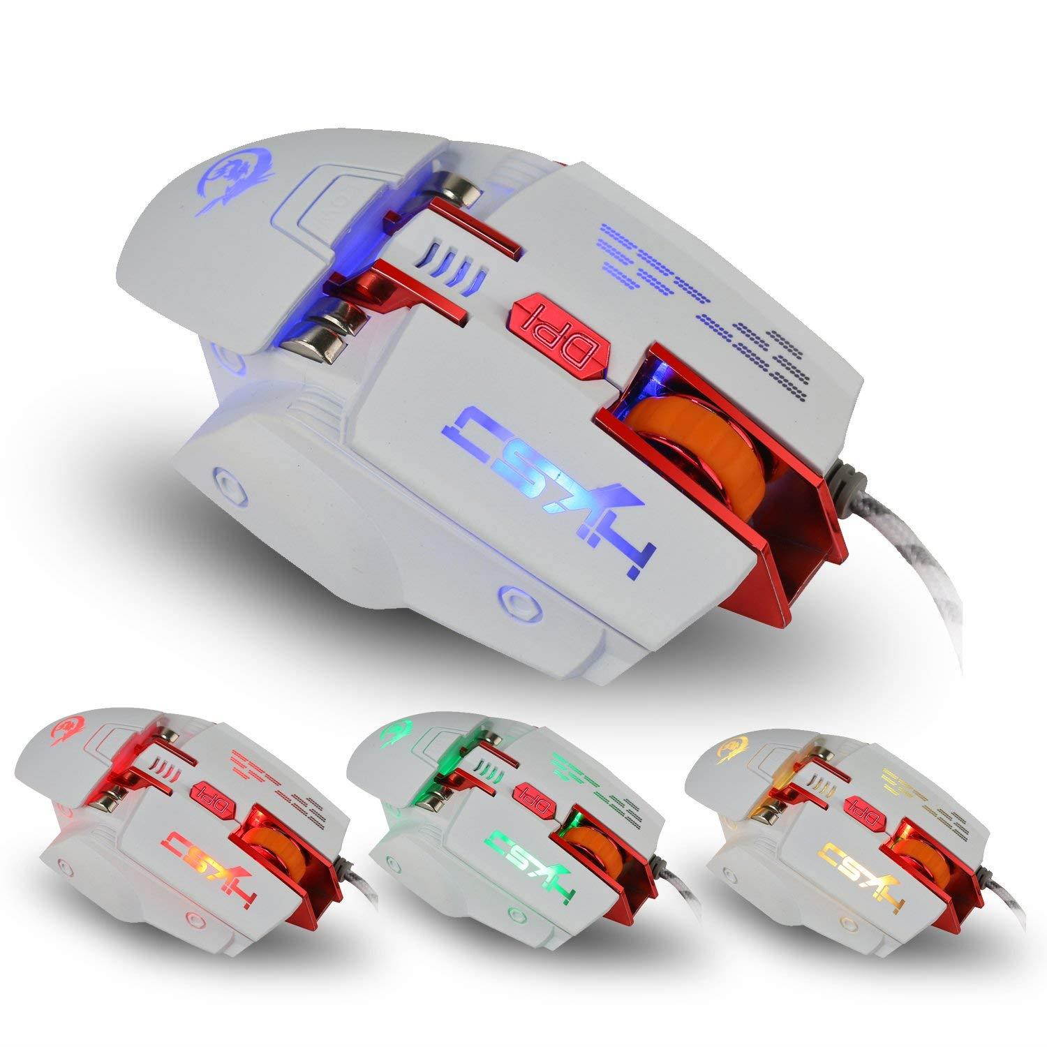 Tipmant Macro Programming Computer Game Mouse, Ergonomic Design, 7 Customize keys, Weight & DPI Adjustable (Maxi 4000 DPI) - White