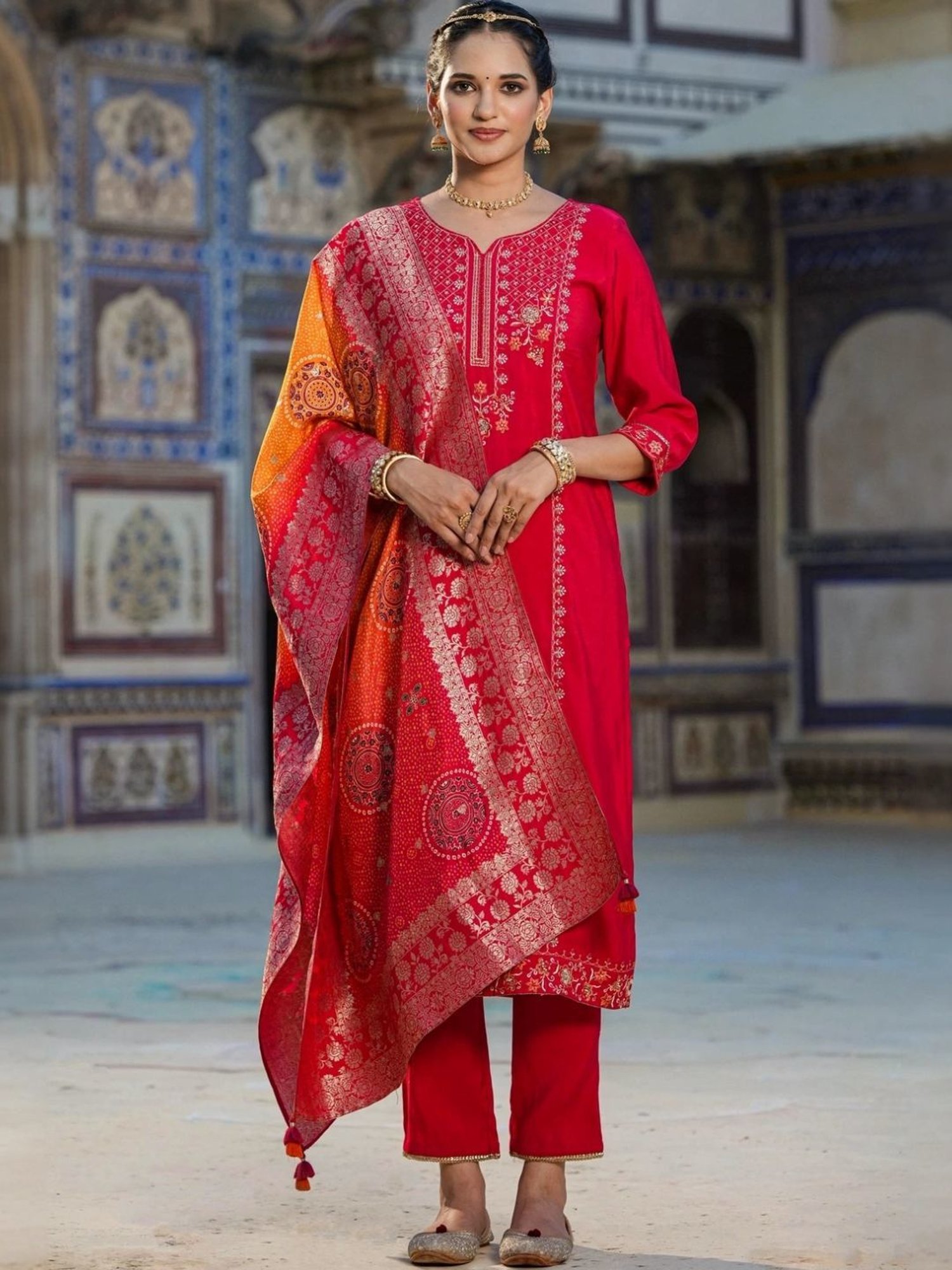 Scakhi Red Viscose Silk Embroidered Suit Set Kurta With Pant And Jacquard Dupatta