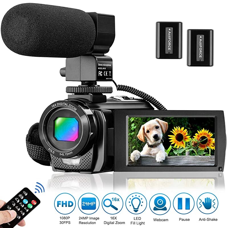 Video Camera Camcorder for YouTube  Digital Vlogging Camera FHD 1080P 30FPS 24MP 16X Digital Zoom 30 Inch 270&deg; Rotation Screen Video Recorder with Microphone Remote Control 2 Batteries
