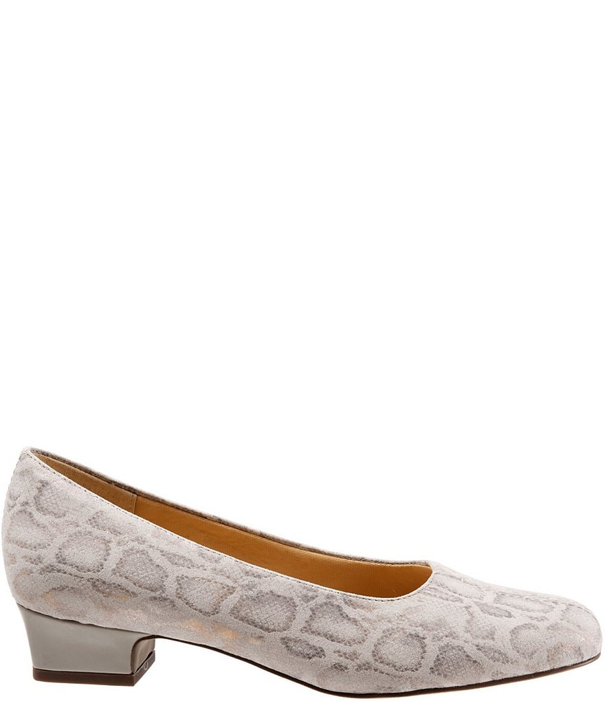 Trotters Doris Snake Print Metallic Suede Block Heel Pumps