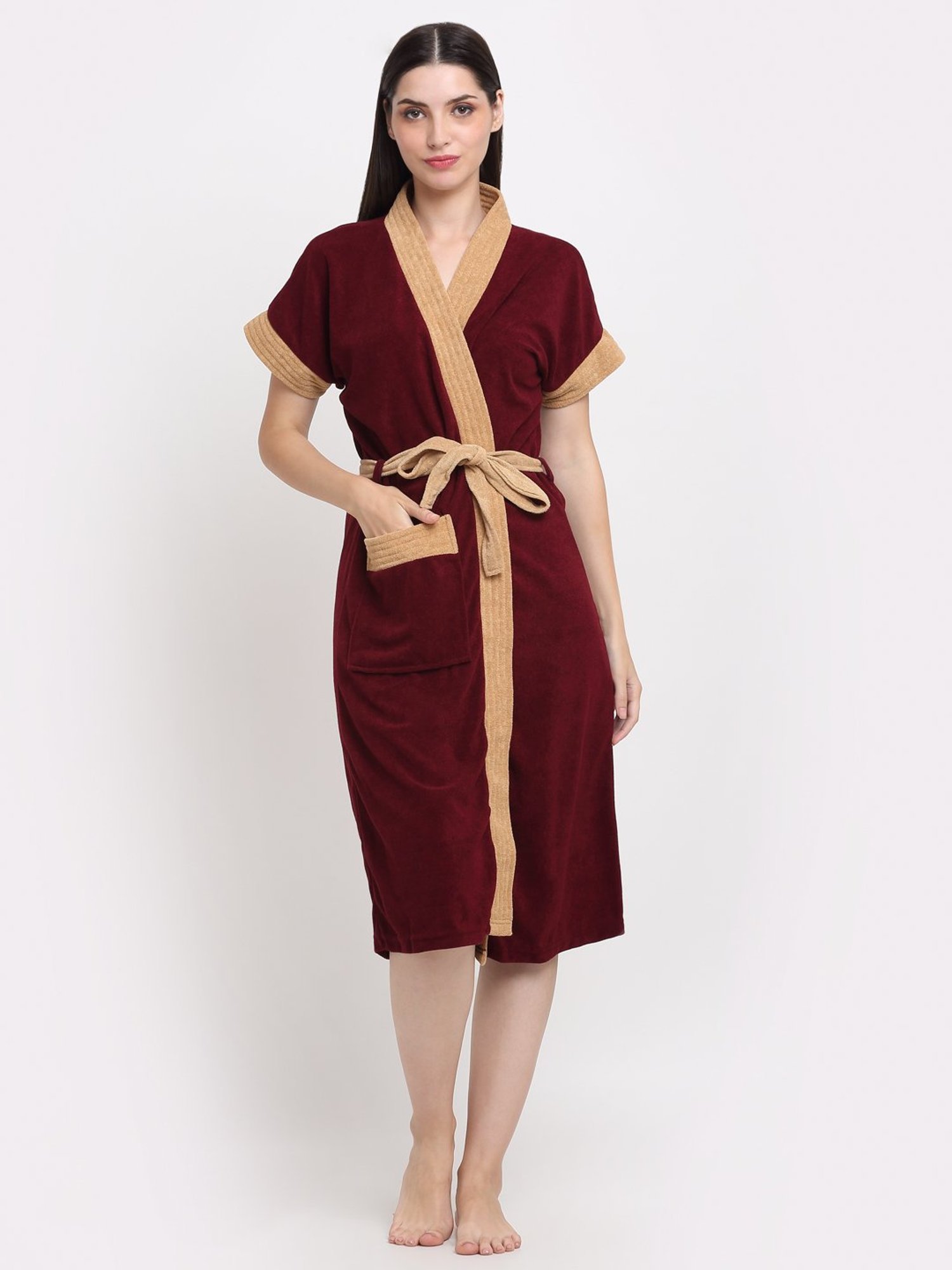 Creeva Everyday Red & Navy 225 GSM Micro Terry Bathrobe with Front Pocket & Kimono Collar