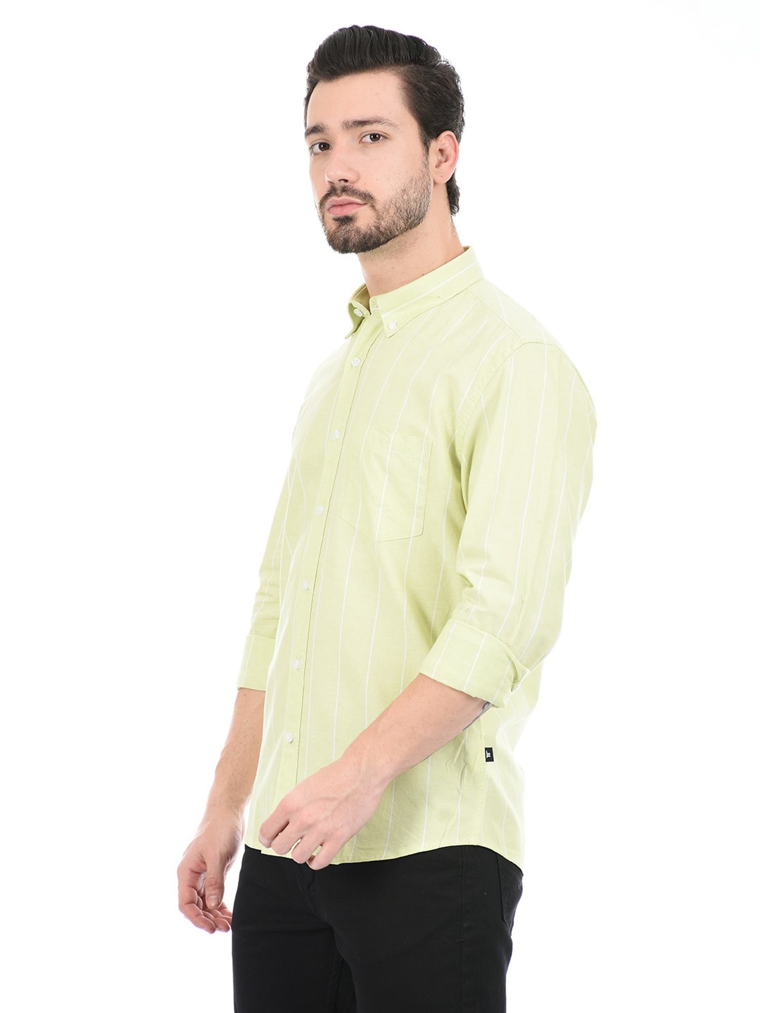 London Fog Light Green Regular Fit Striped Cotton Shirt