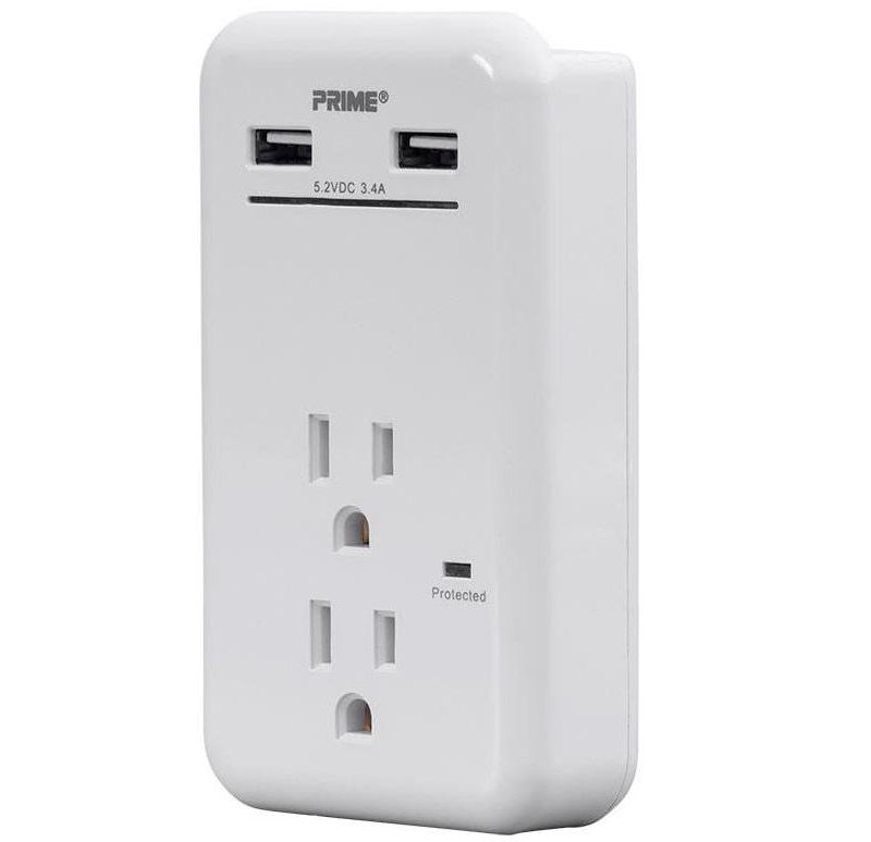 Monoprice 2 Outlet Surge Protector Wall Tap with 2 USB Charging Ports 3.4A, 450 Joules, White