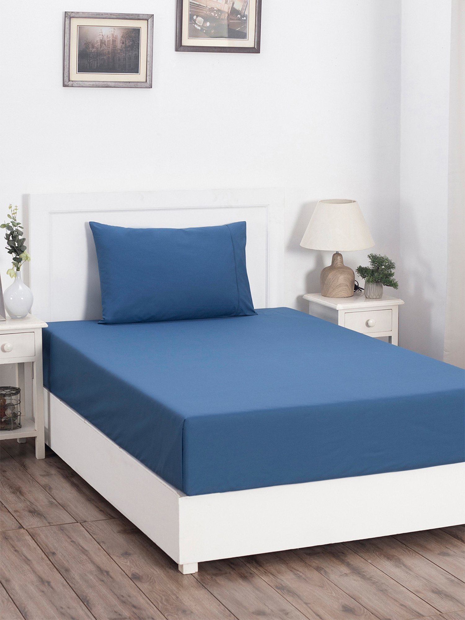 Maspar Colorart Slumber Blue 200 TC Cotton Single Size Bed Sheet with 1 Pillow Cover