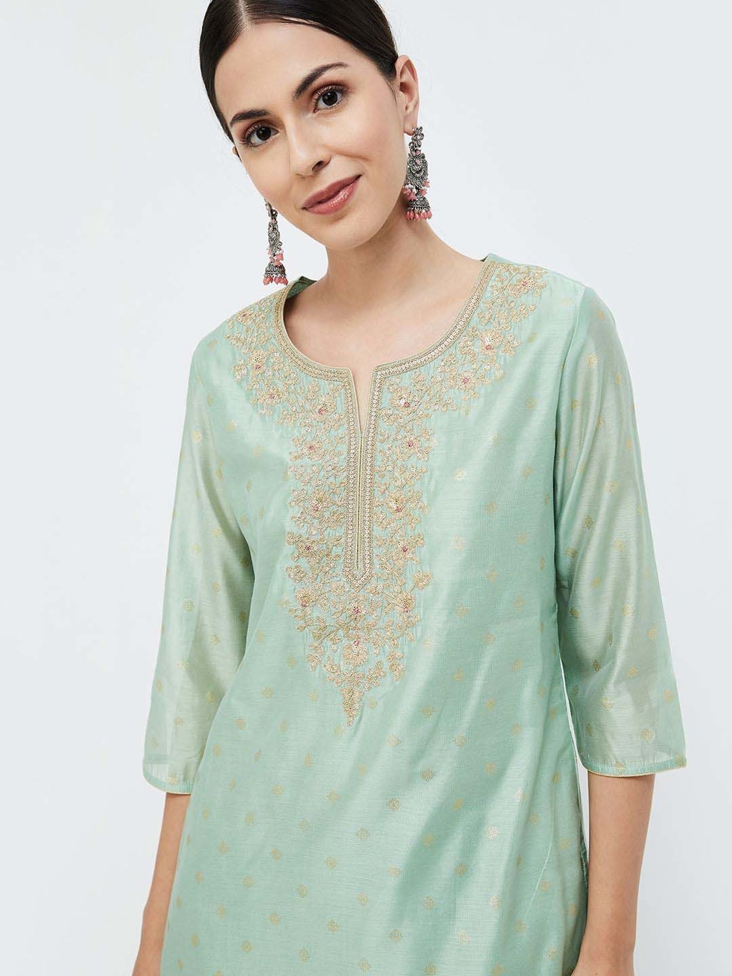 Melange by Lifestyle Sea Green Embroidered Kurta & Palazzo Set With Dupatta