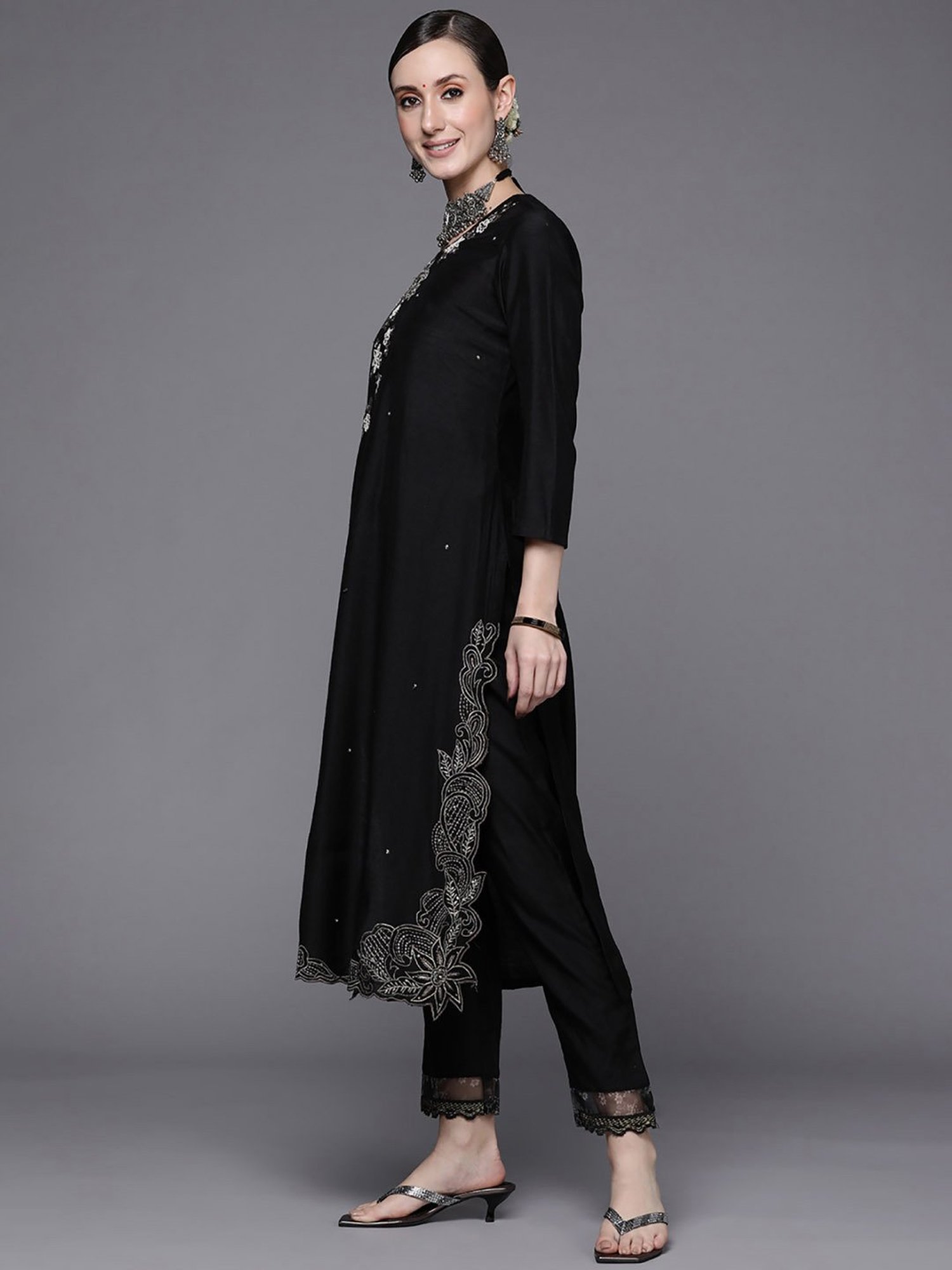 Indo Era Black Embroidered Kurta Pant Set With Dupatta