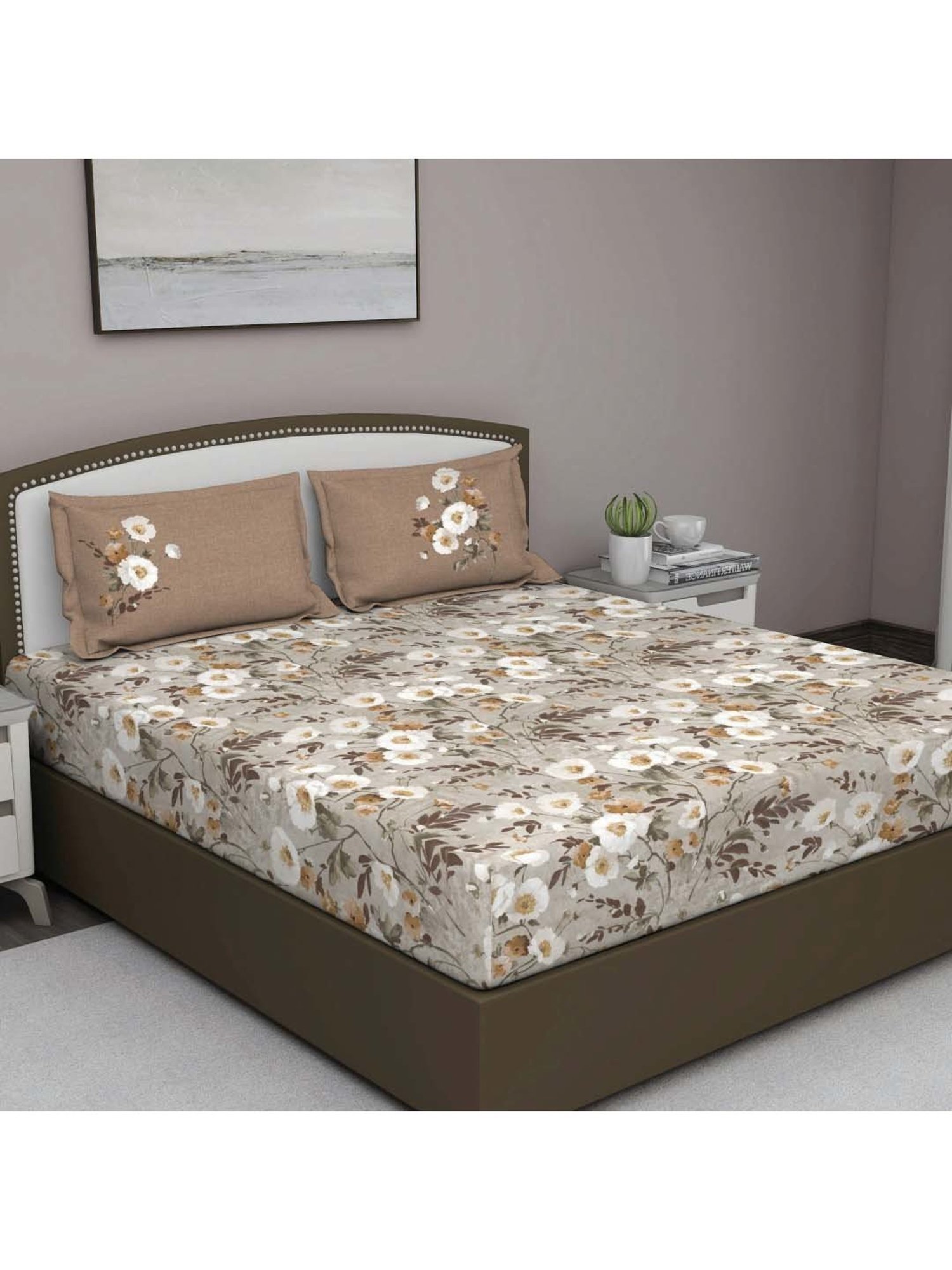 GM 'Fiesta' Brown Cotton 180 TC Double Bedsheet with 2 Pillow Covers