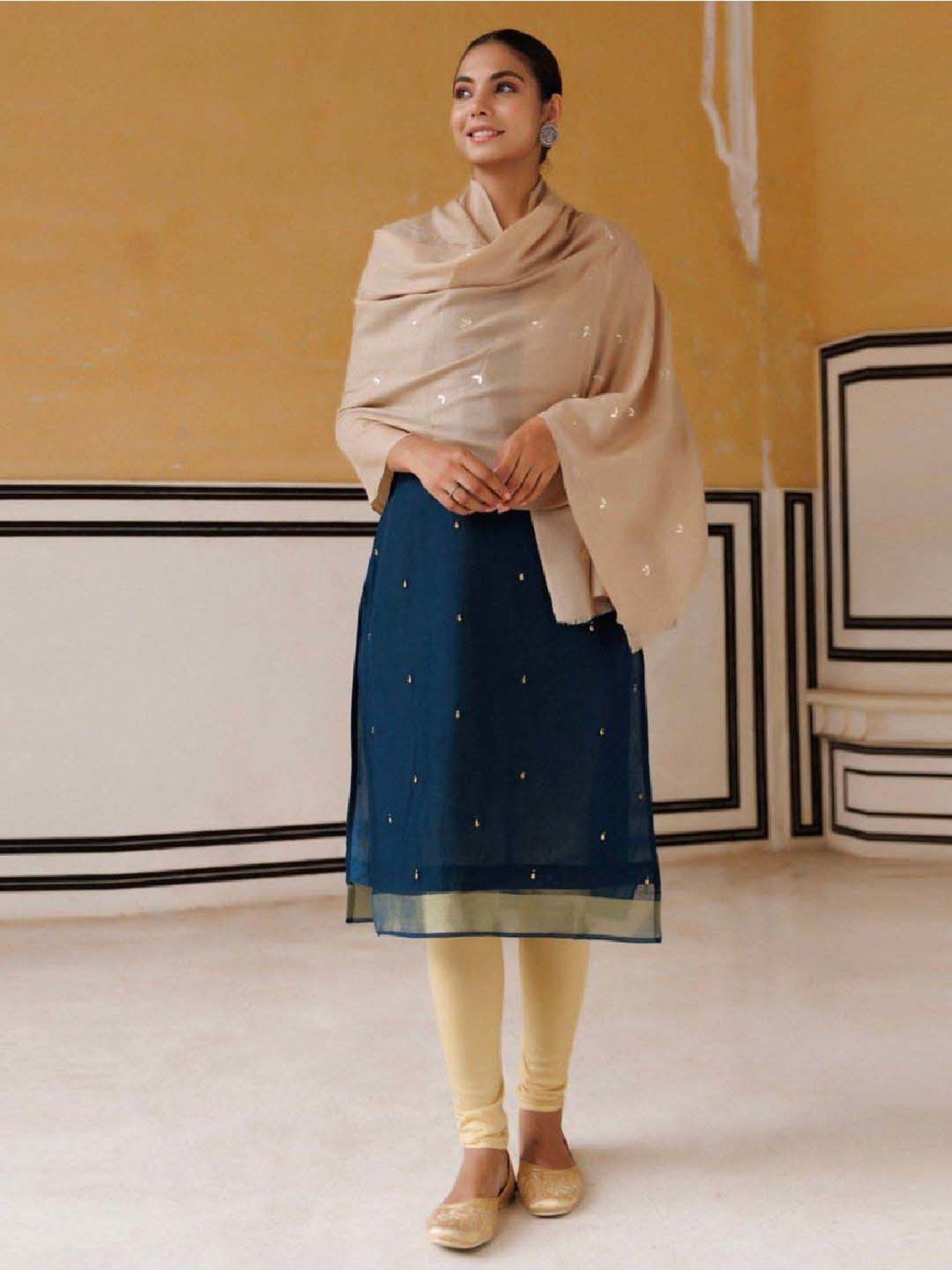 Geroo Jaipur Beige Hand Embroidered Gota Patti Woolen Shawl