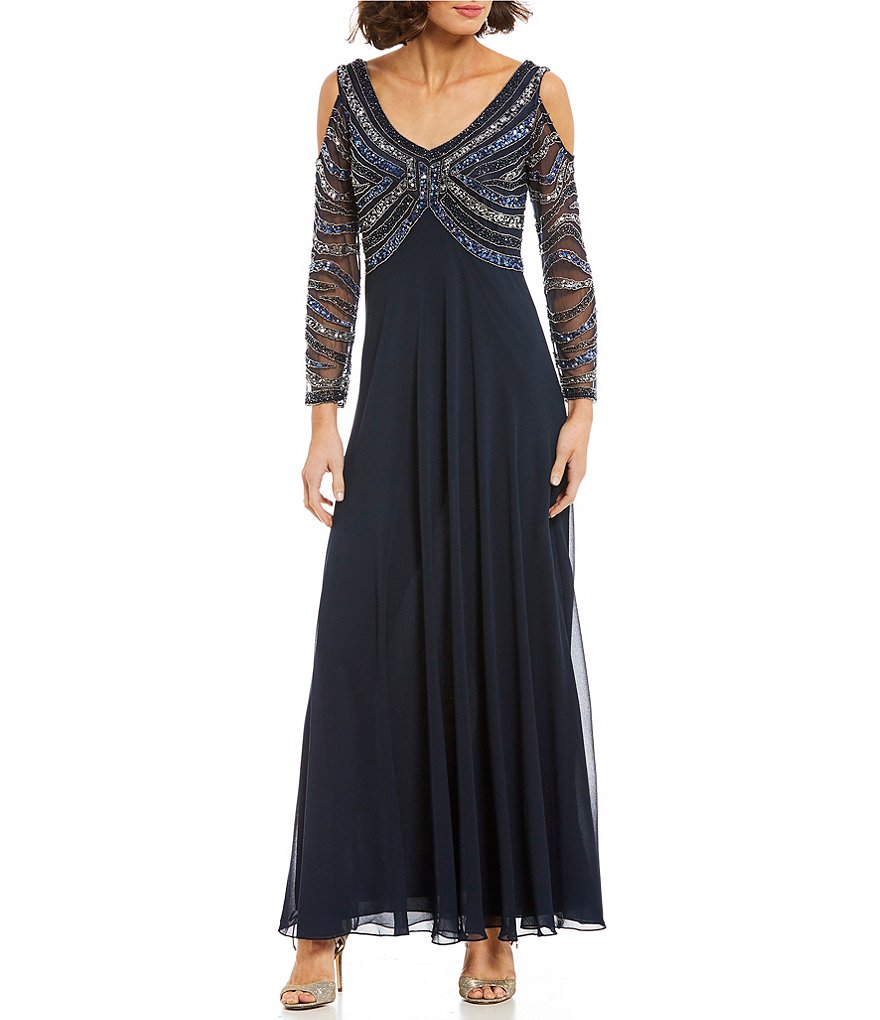 Jkara Petite Size V-Neck Cold Shoulder Long Sleeve Sequin Gown