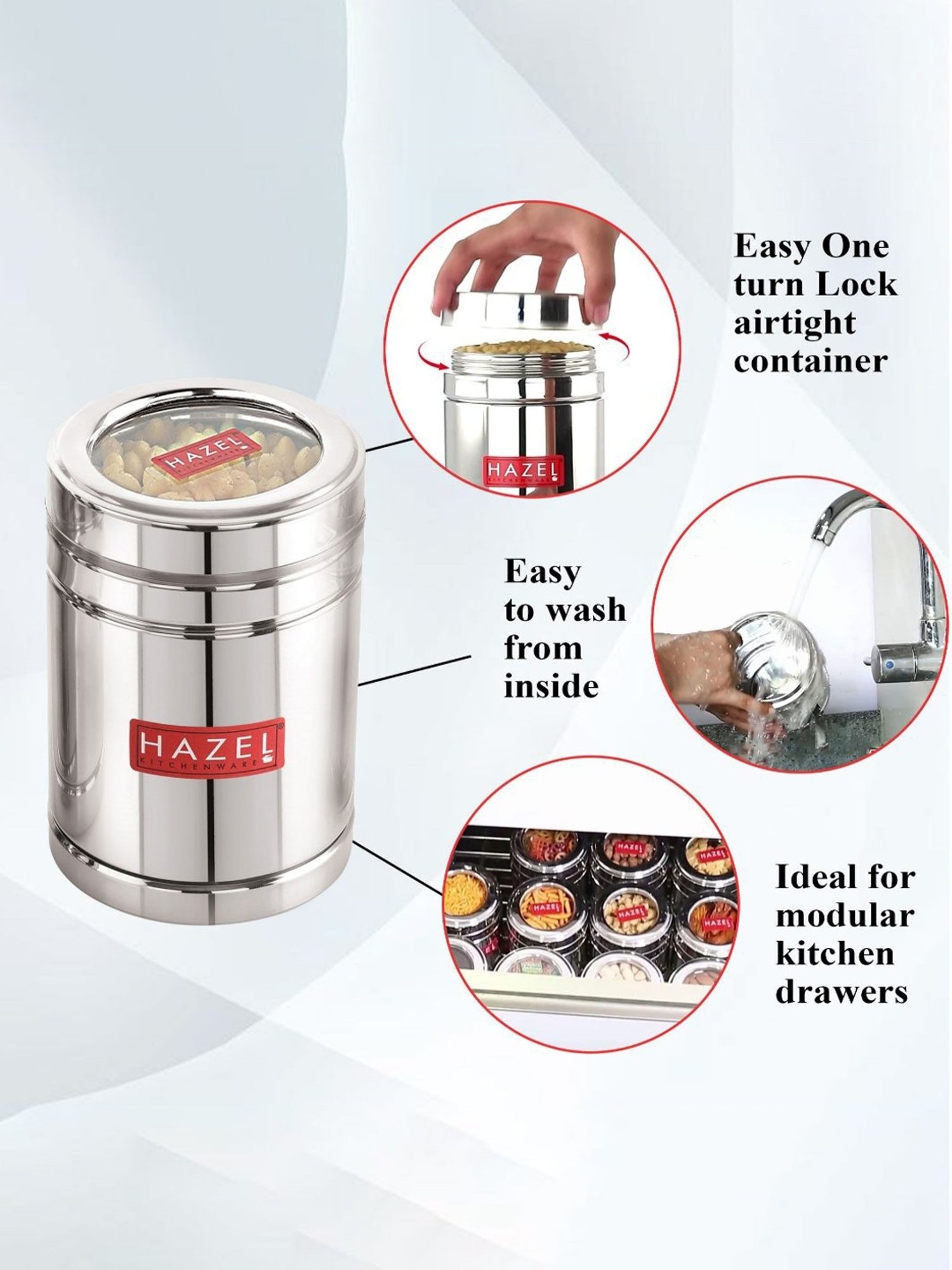 HAZEL Silver Stainless Steel Container with Transparent Lid (1L)
