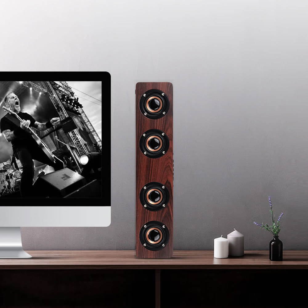 W8 Red Wood Grain Bluetooth Speaker Bluetooth 4.2 Four Louderspeakers Super Bass Subwoofer Hands-free with Mic 3.5mm AUX-IN TF Card 3000mAh Battery for Home