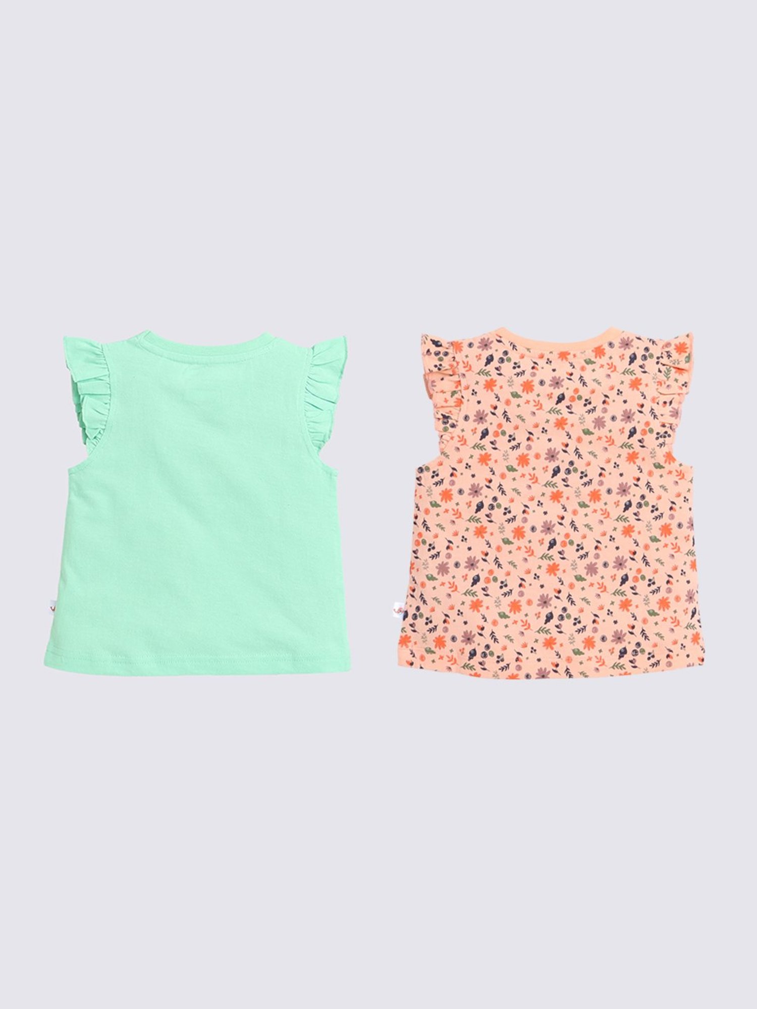 Bumzee Kids Green & Peach Floral Print T-Shirt (Pack Of 2)