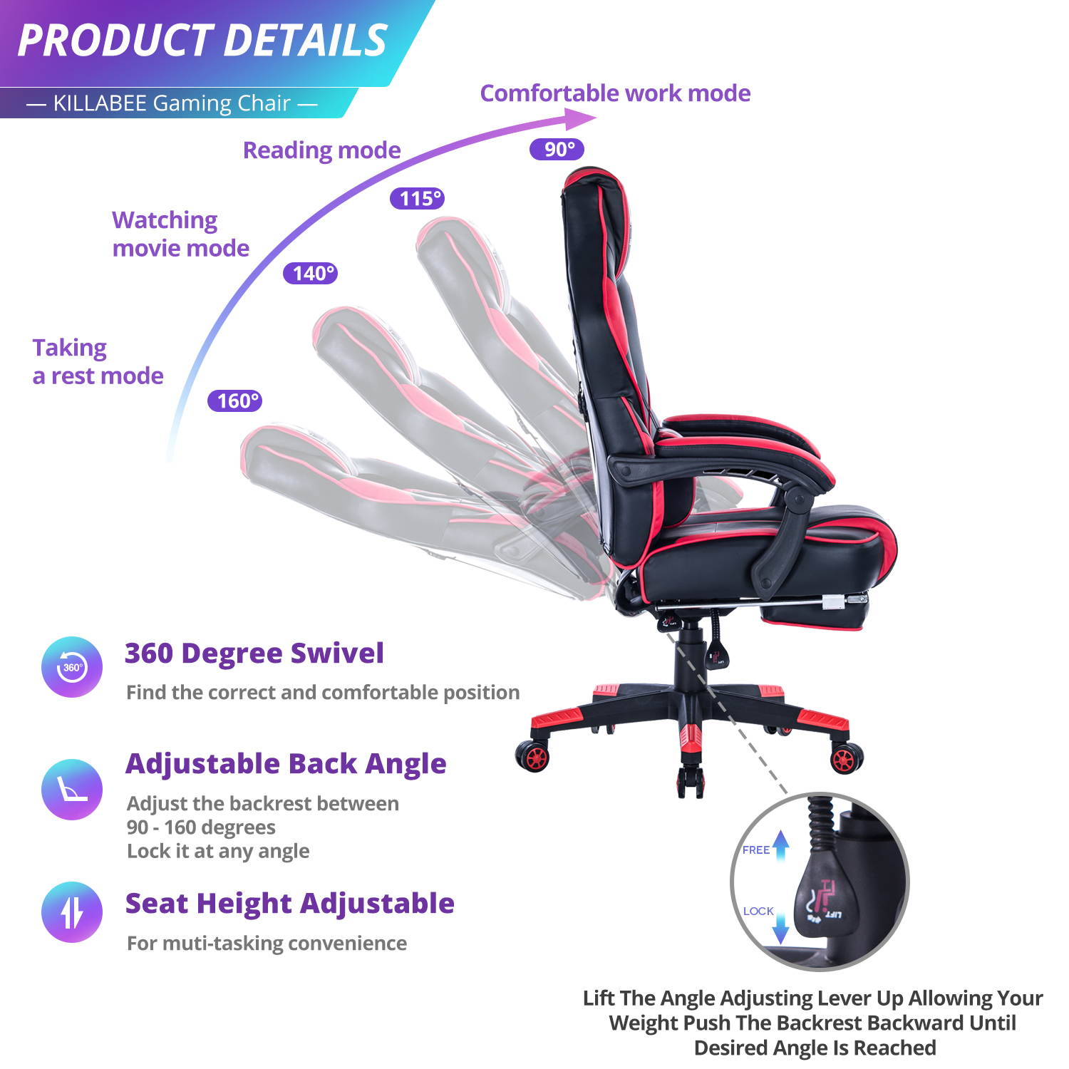 KILLABEE Massage Gaming Chair High Back PU Leather PC Racing Computer Desk Office Swivel Recliner with Retractable Footrest and Adjustable Lumbar Support