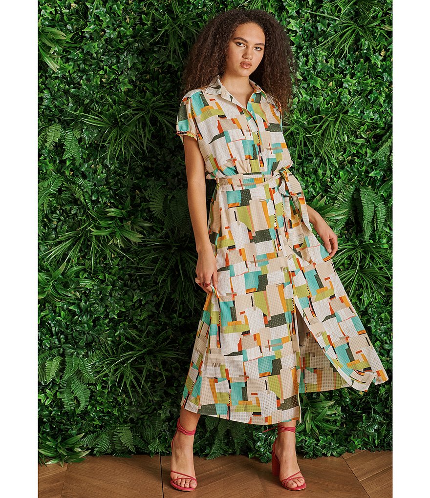 LDT Darcy Patch Print Point Collar Cap Sleeve Maxi Dress