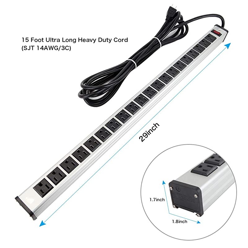 Strip Heavy Duty Metal 20 Outlets Socket with 15ft Long Cord and Circuit Breaker