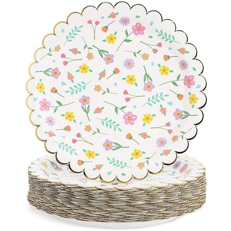 Blue Panda 48 Count Floral Disposable Party Paper Plates with Scalloped Gold Foil for Birthday Party 7 In