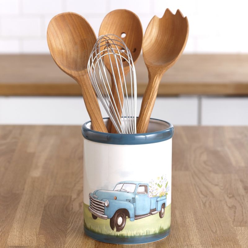 Lakeside Vintage Truck Utensil Crock with Spring Flowers - Knife, Silverware Holder