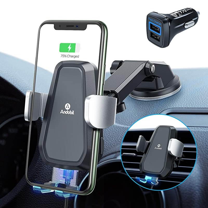 Wireless Car Charger Mount [with QC 3.0 Adapter],Qi Faster Car Charger Mount Compatible iPhone 12/11/X/SE/8 Series, Samsung S21/20/10, Note20/10 Series, for Vent & Dashboard & Windshield
