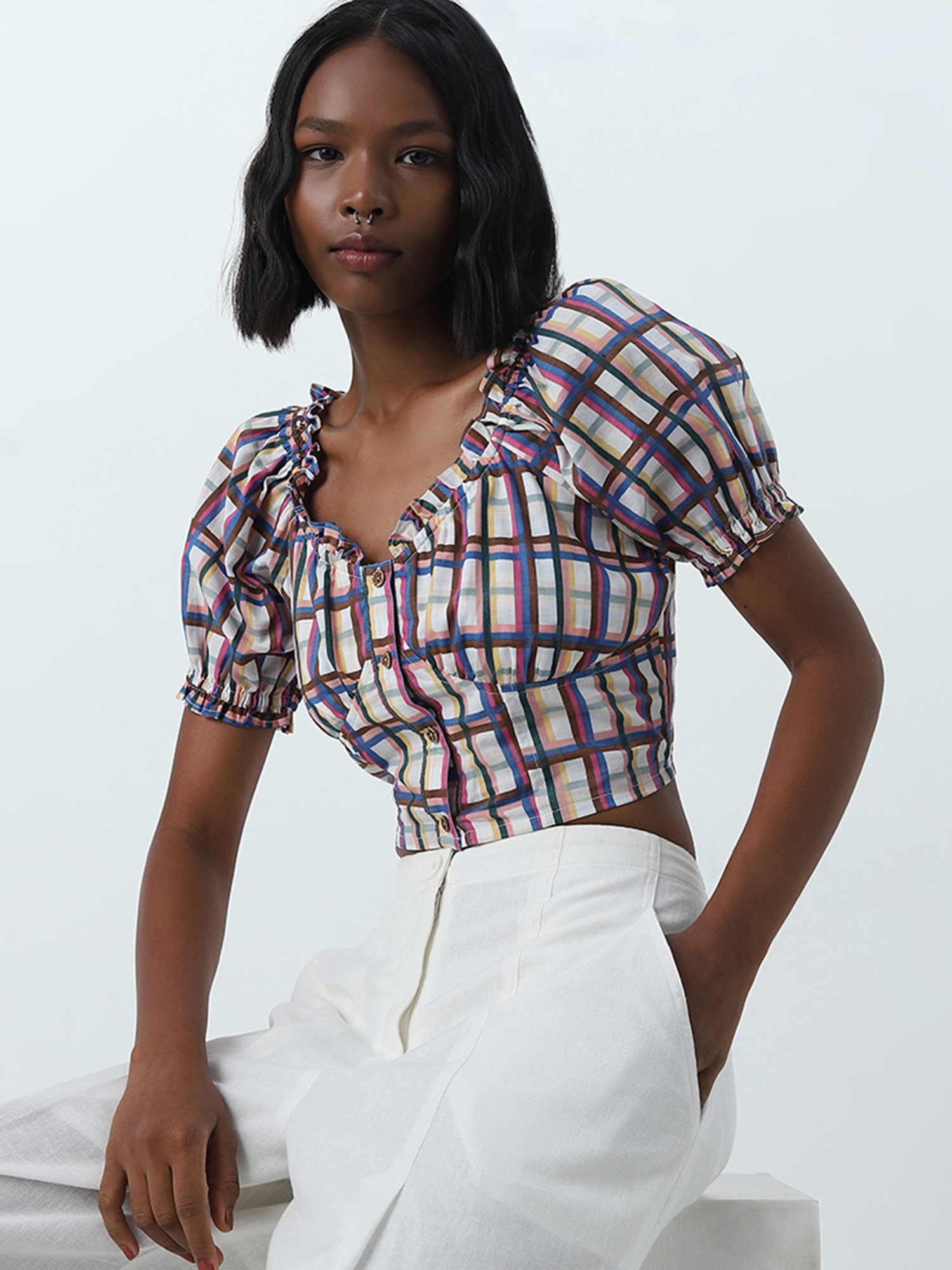 Bombay Paisley by Westside Multicolour Checks Printed Cotton Crop Top