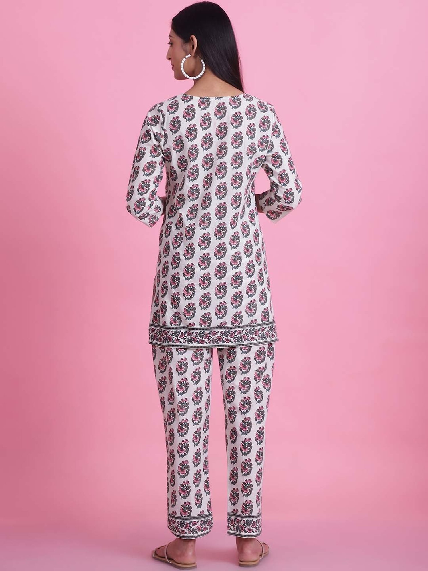 Prakrti White Cotton Floral Print Top Pant Set
